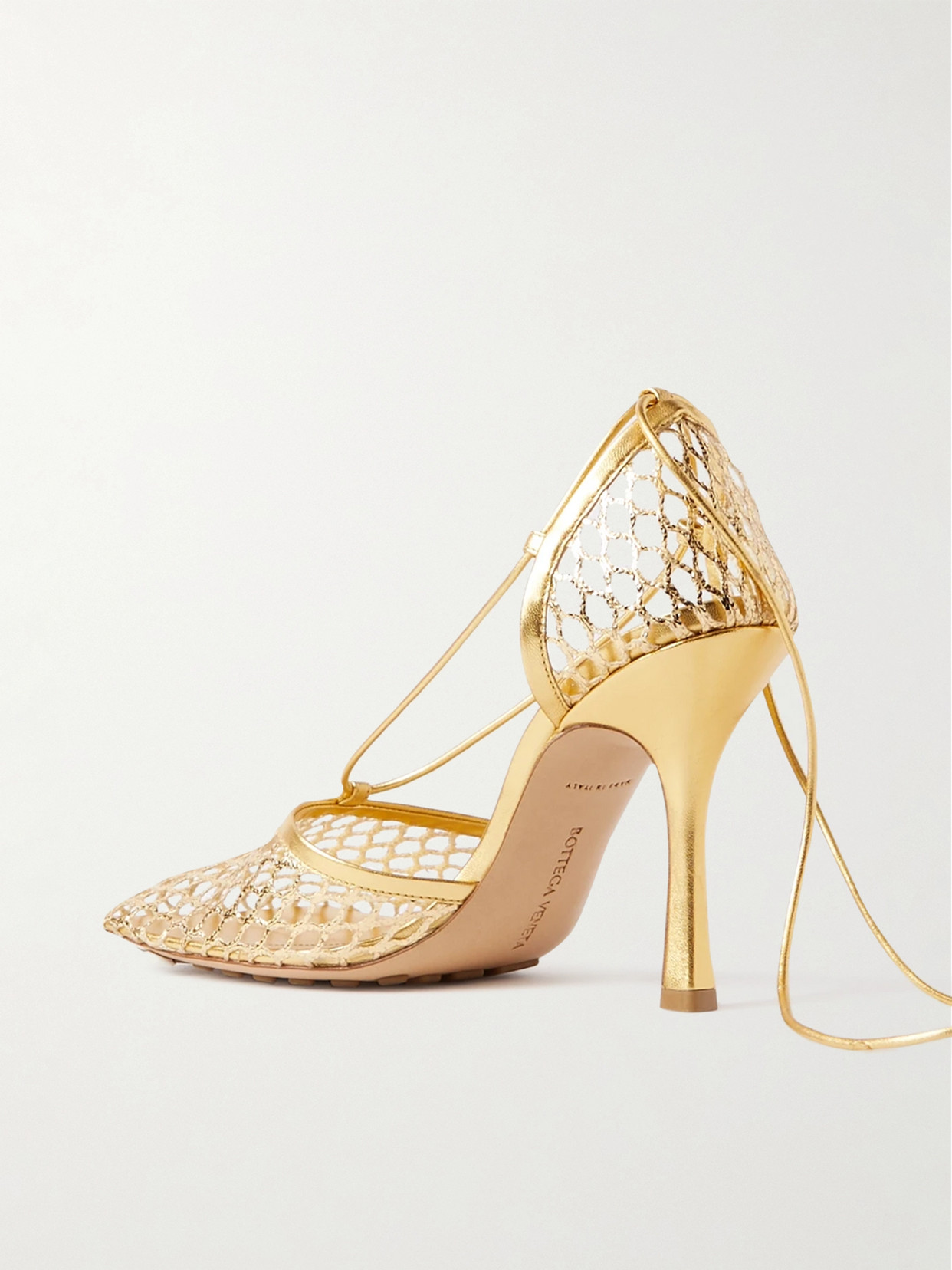 Shop Bottega Veneta Metallic Leather-trimmed Mesh Pumps In Gold