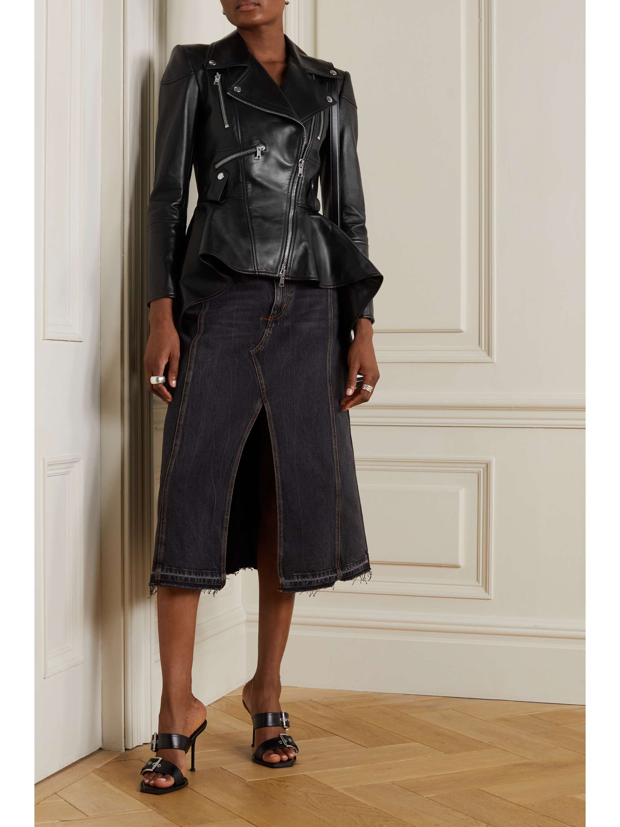 Black Peplum leather jacket | ALEXANDER MCQUEEN | NET-A-PORTER