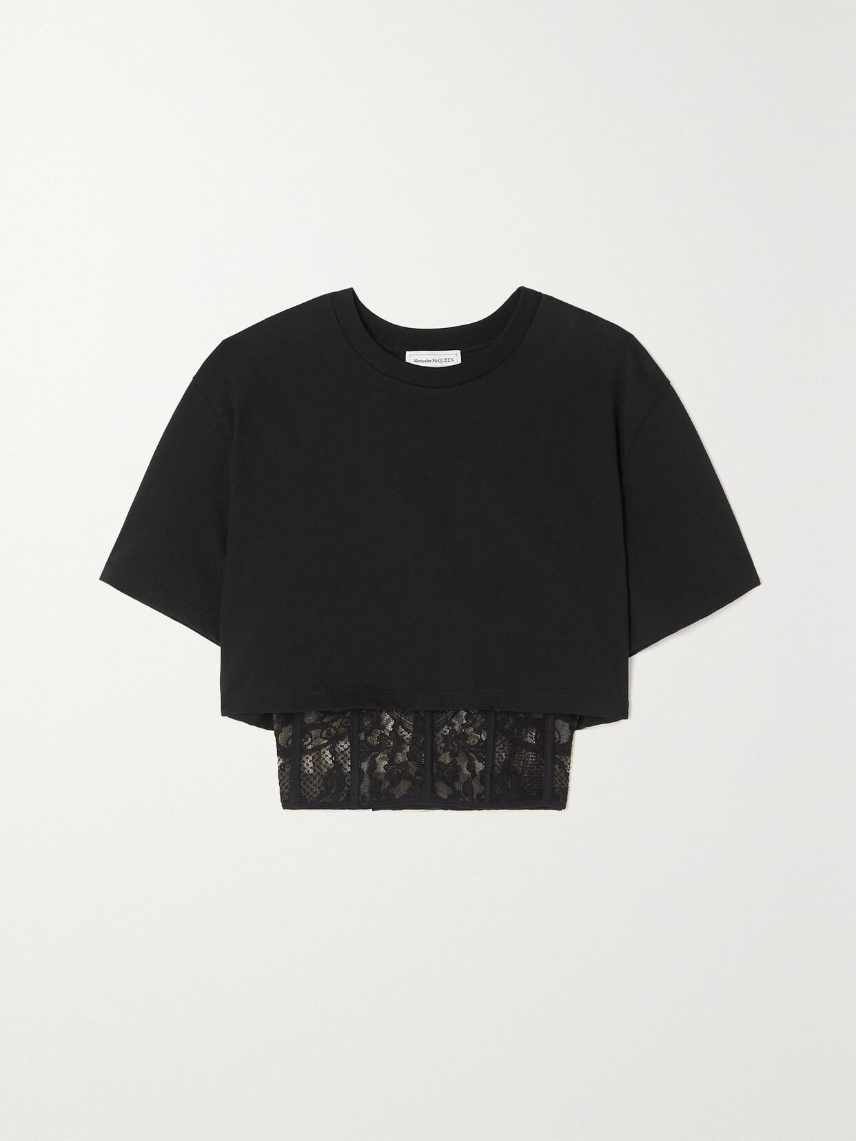 Alexander McQueen Cropped Layered Cotton-jersey And Embroidered Tulle T-shirt - Black