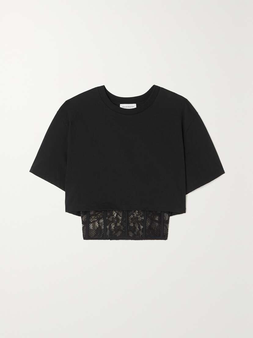 Alexander McQueen Cropped Layered Cotton-jersey And Embroidered Tulle T-shirt