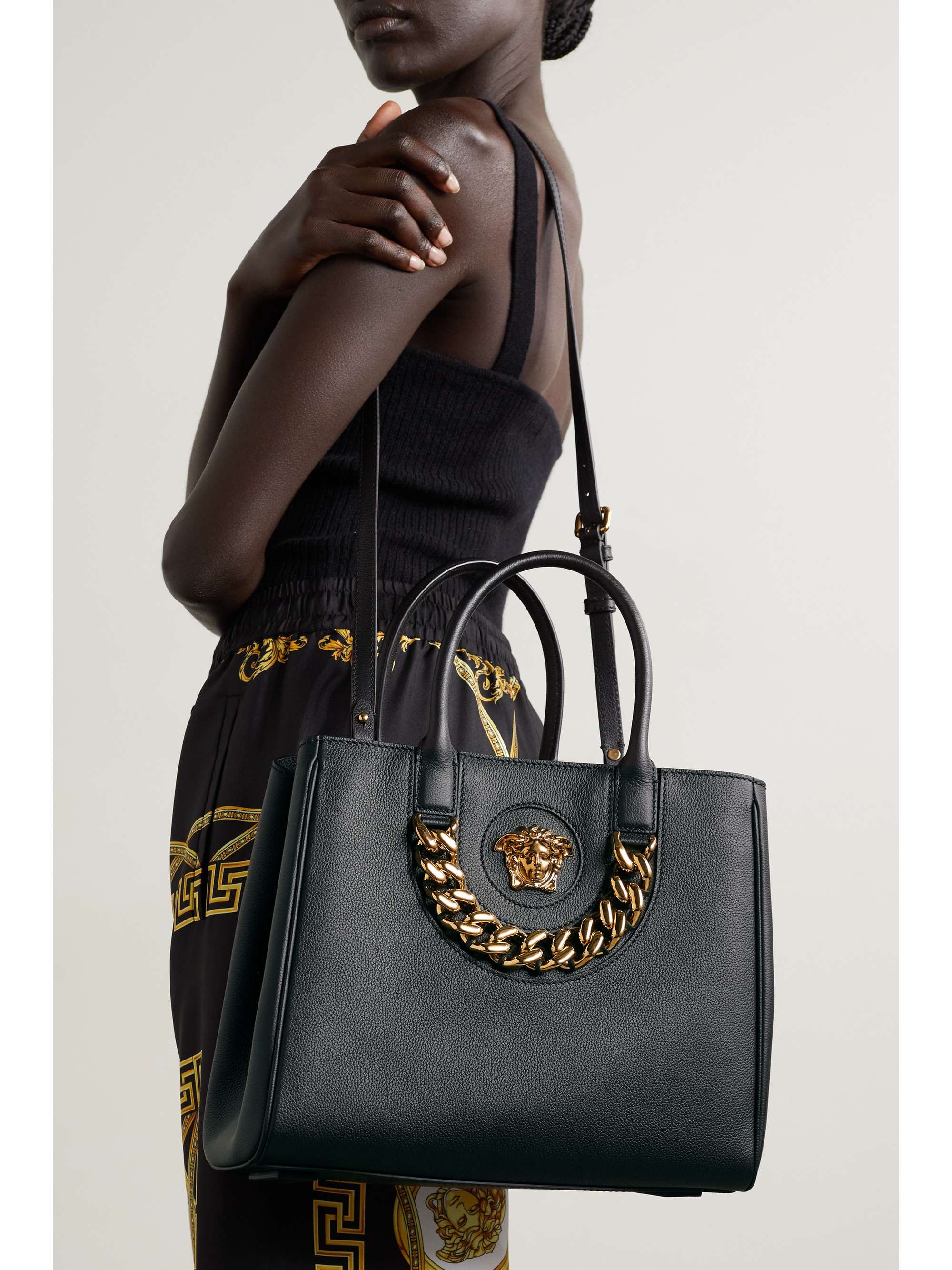 Black La Medusa embellished texturedleather tote VERSACE NETAPORTER