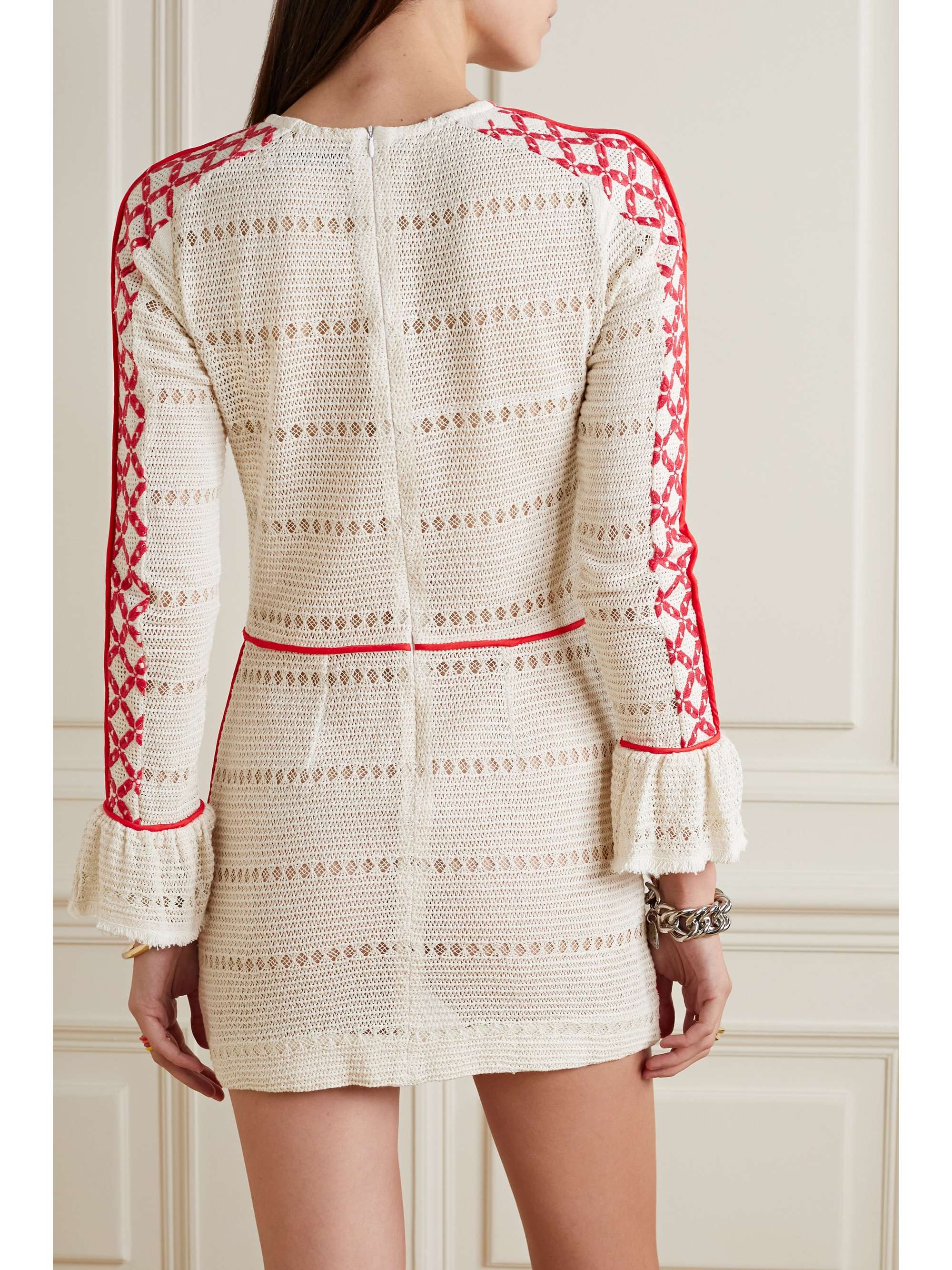 RUE MARISCAL Frayed embroidered crocheted mini dress