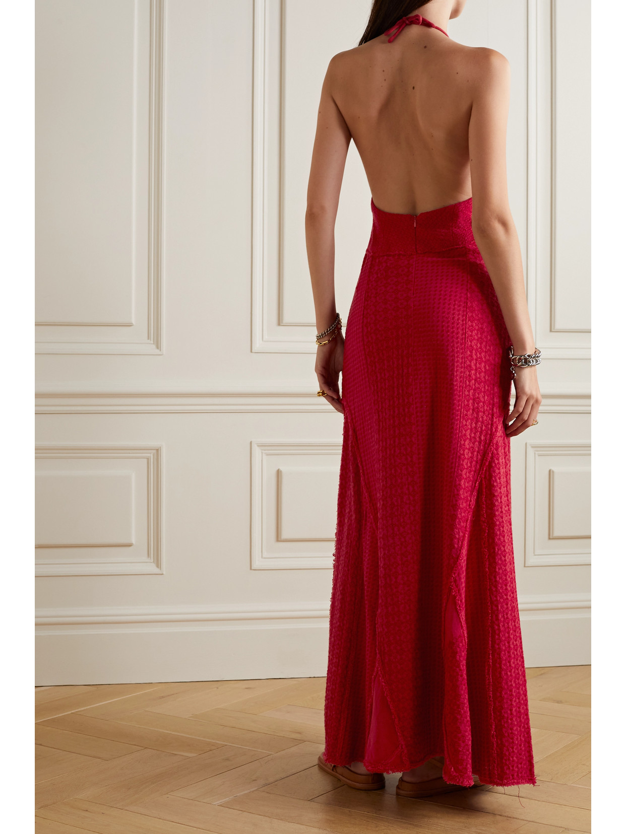 Rue Mariscal Frayed Embroidered Crocheted Halterneck Maxi Dress In Burgundy
