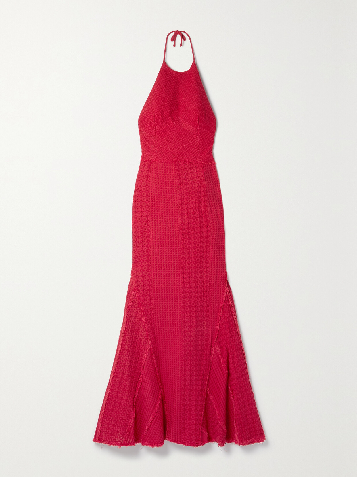 Rue Mariscal Frayed Embroidered Crocheted Halterneck Maxi Dress In Burgundy