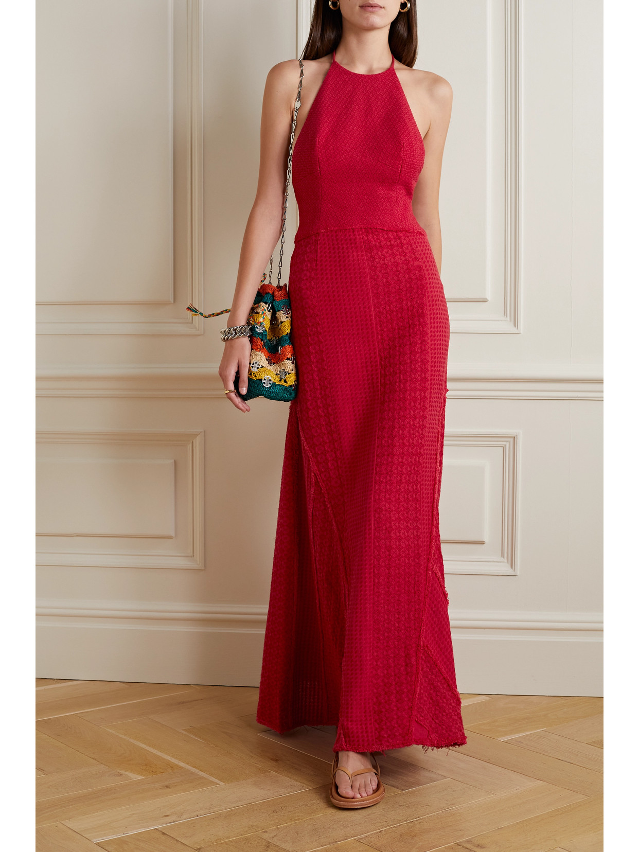 Rue Mariscal Frayed Embroidered Crocheted Halterneck Maxi Dress In Burgundy