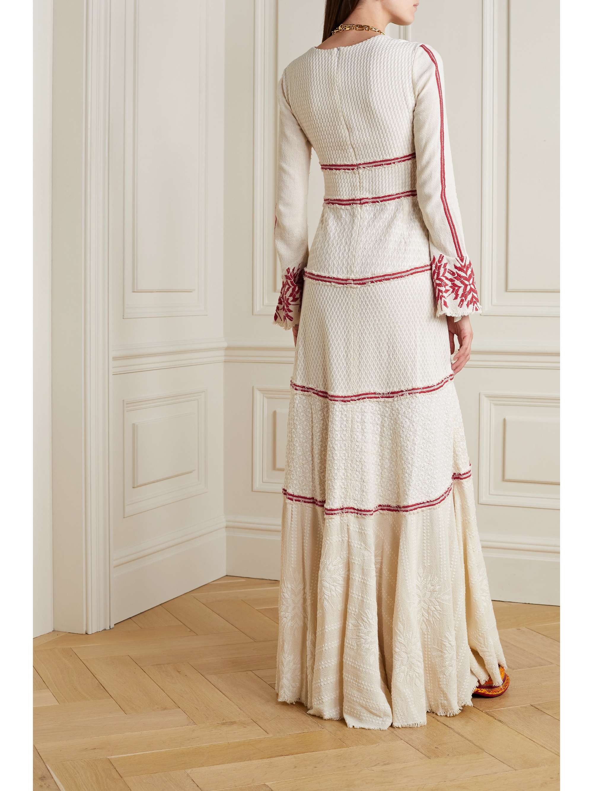 RUE MARISCAL Frayed embroidered crocheted maxi dress