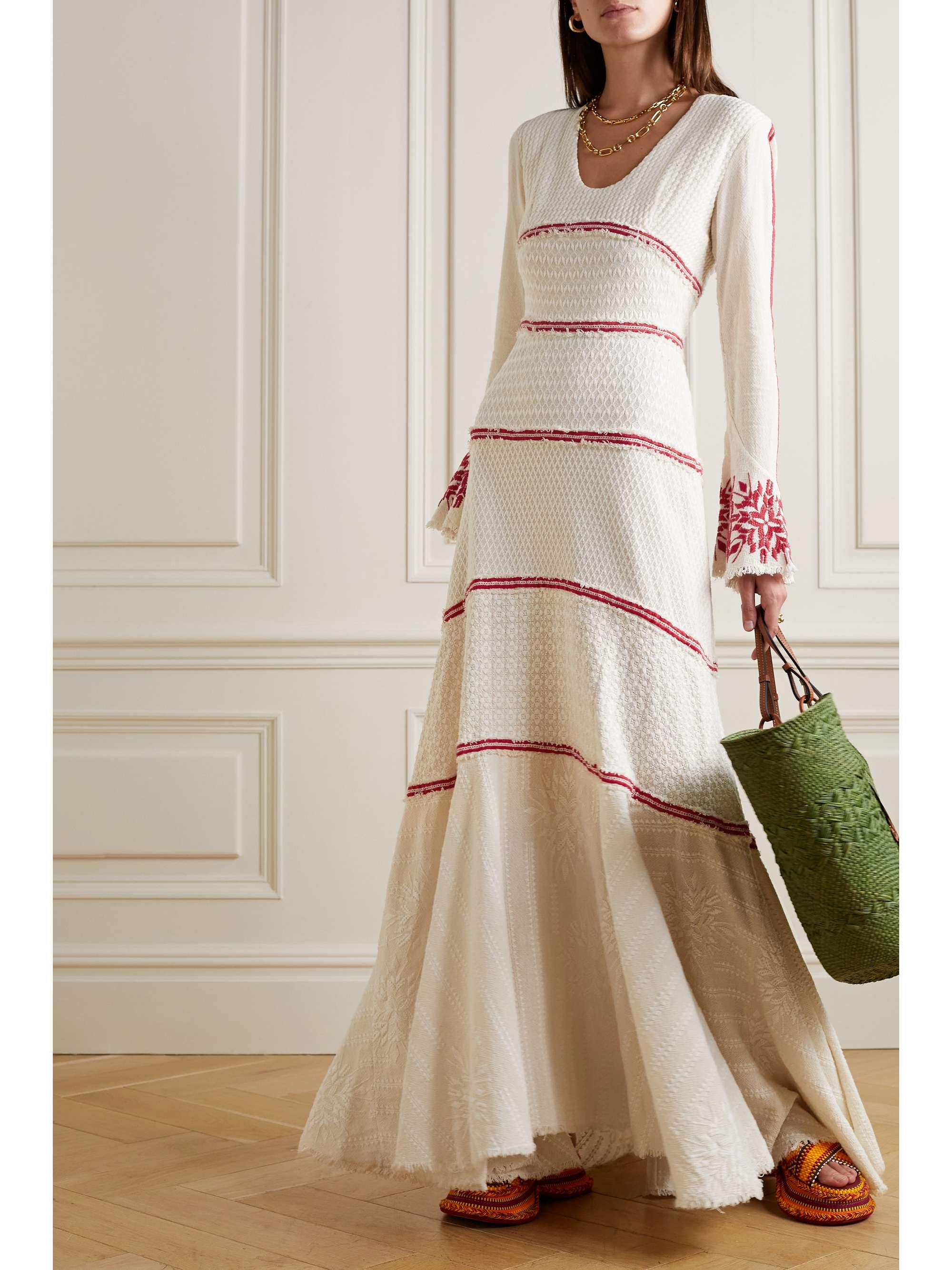 RUE MARISCAL Frayed embroidered crocheted maxi dress