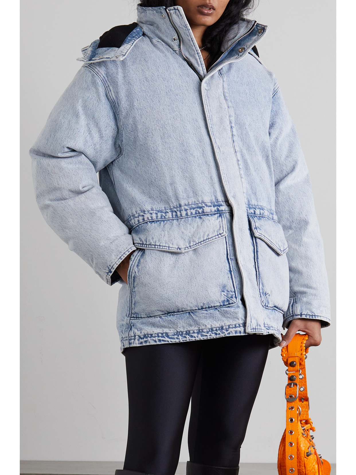 Oversized Hooded Padded Bleached Denim Jacket