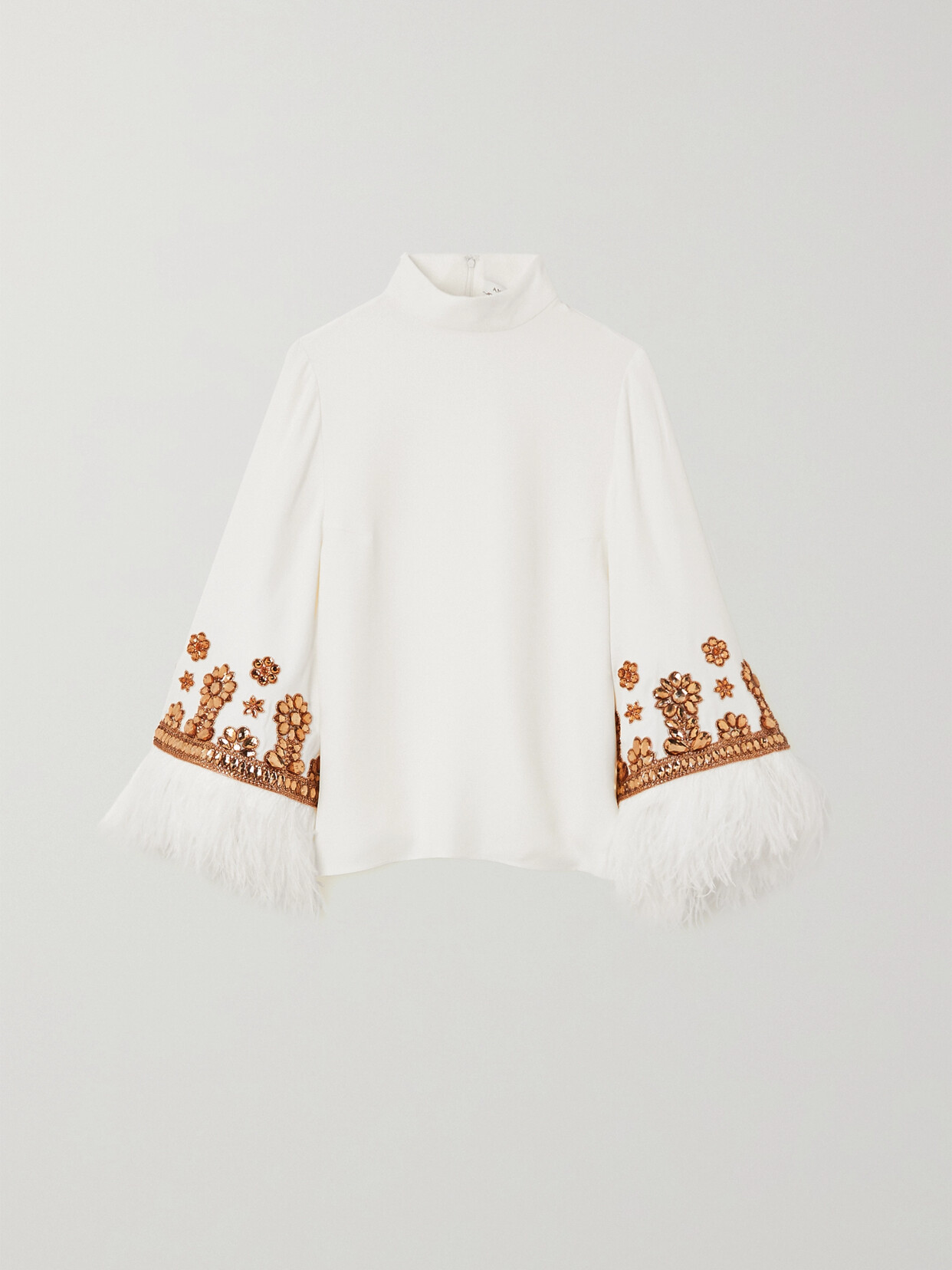 Andrew Gn Feather-trimmed Embellished Cady Top In Off-white