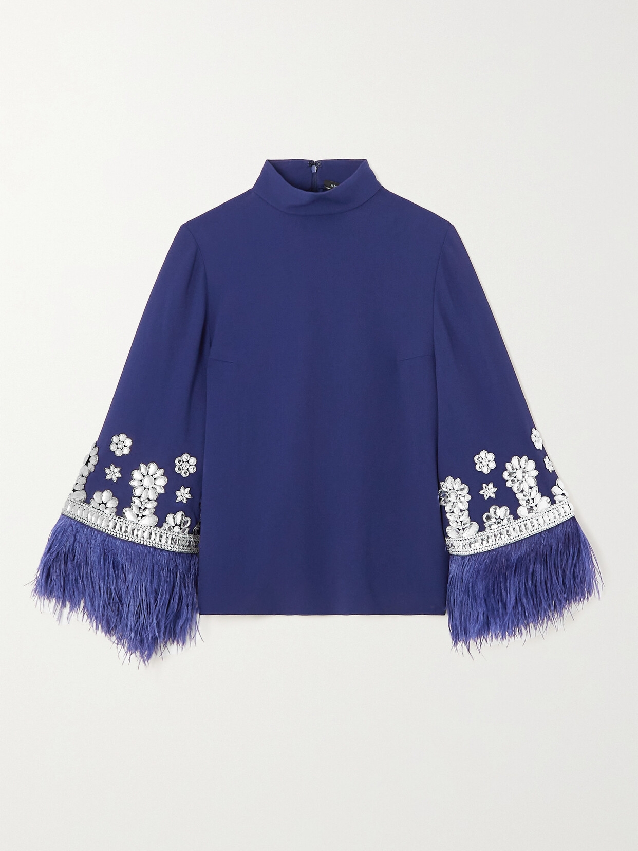 Andrew Gn - Feather-trimmed Embellished Cady Top - Blue