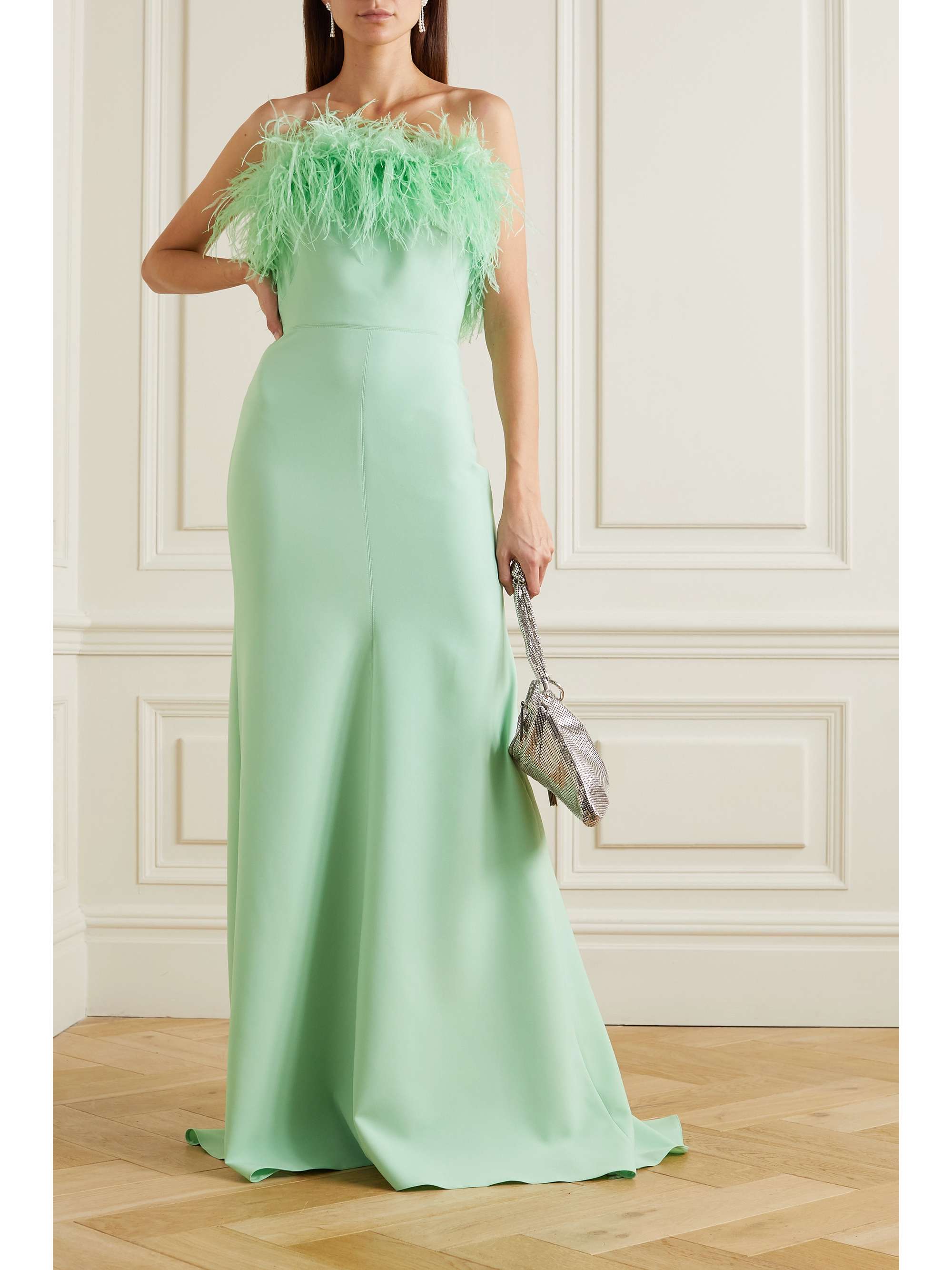 JENNY PACKHAM 羽毛缀饰绉纱抹胸礼服