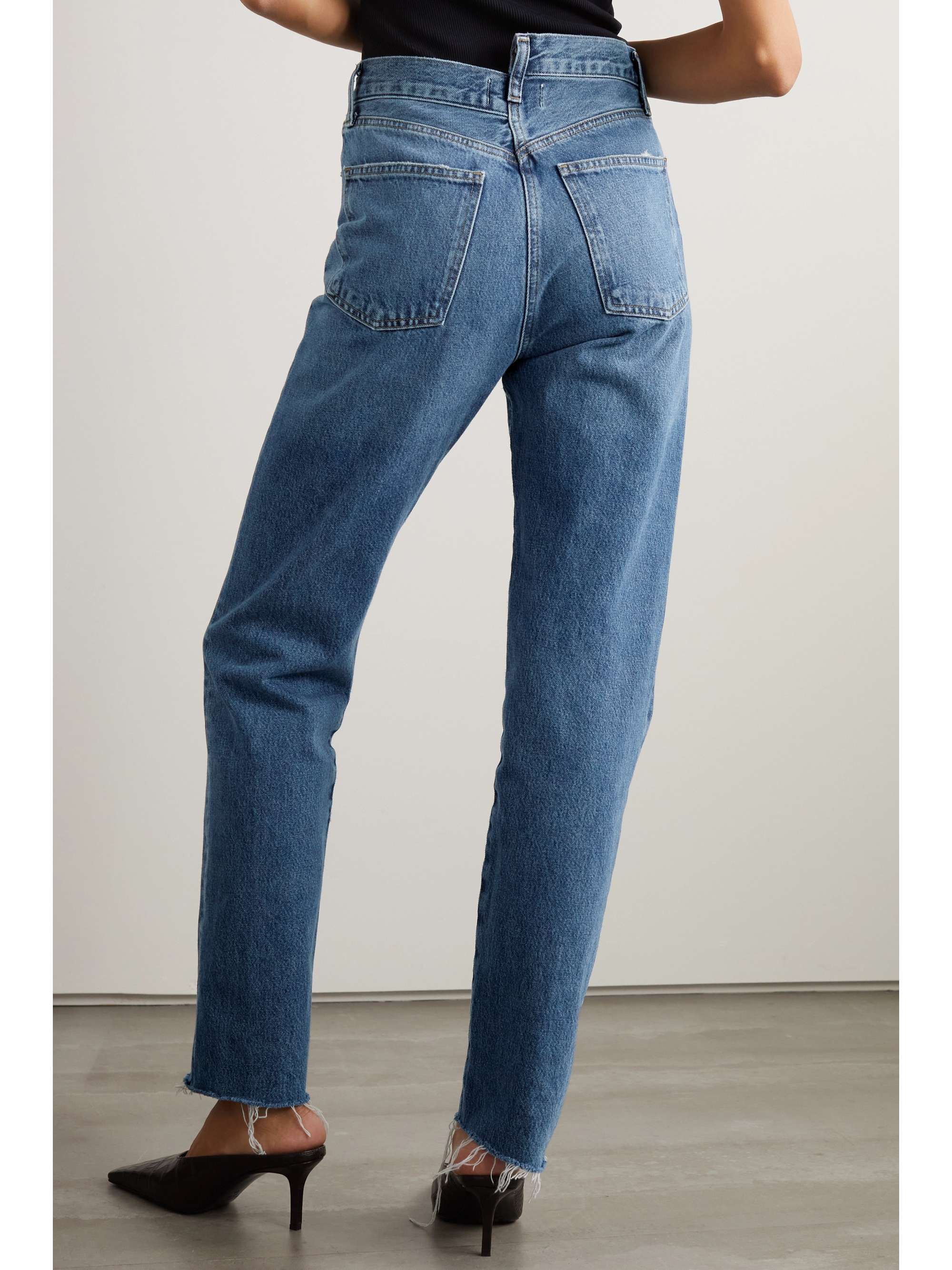 Dark denim Criss Cross frayed high-rise straight-leg organic jeans ...