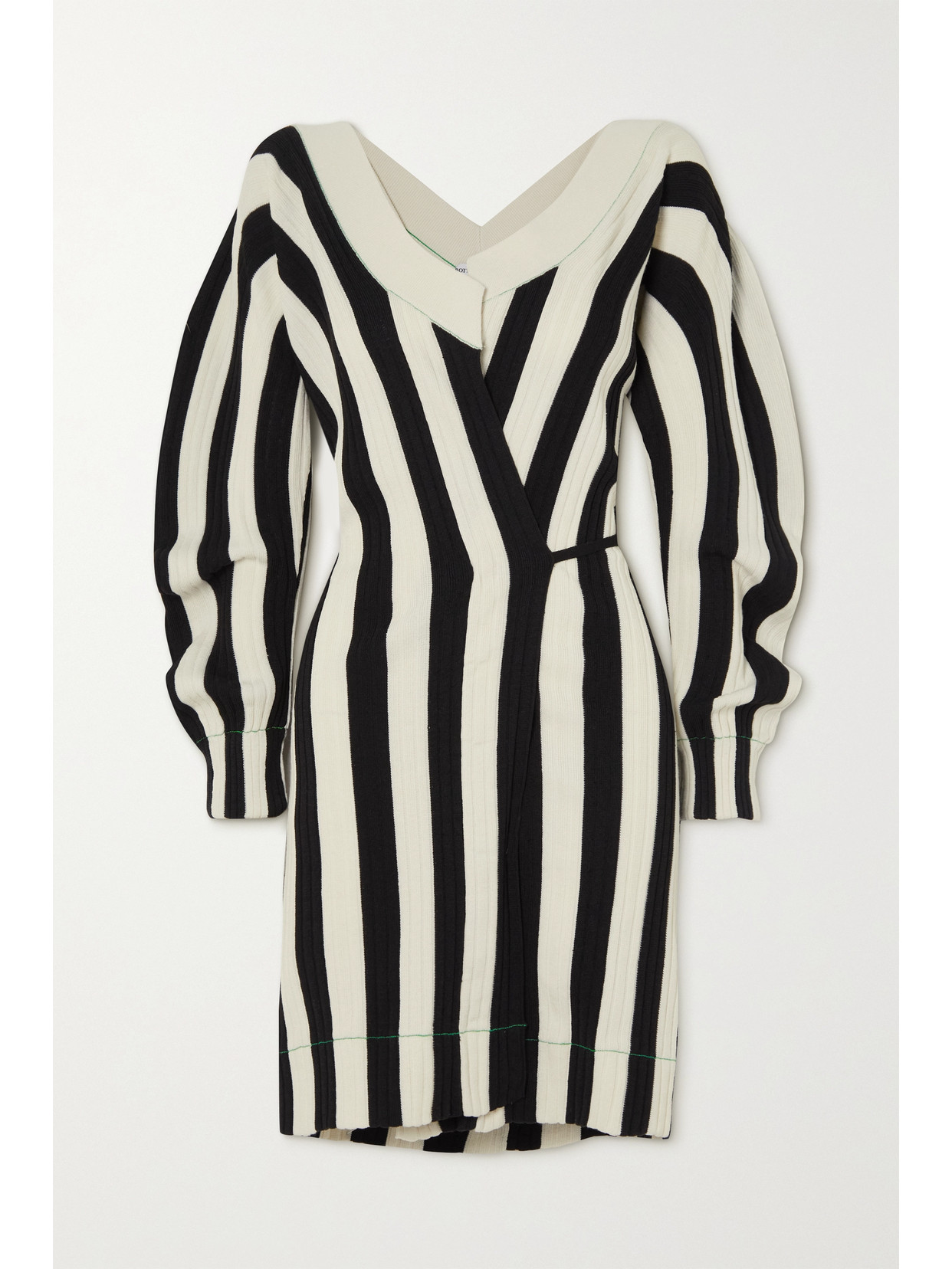 Bottega Veneta Striped Ribbed Linen-blend Wrap Dress In Black