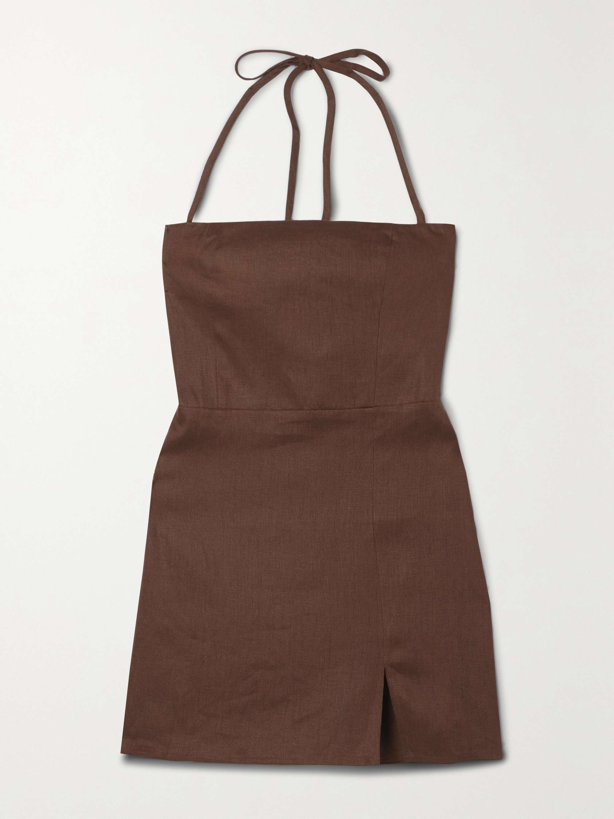 Chocolate Linda linen halterneck mini dress | REFORMATION | NET-A-PORTER