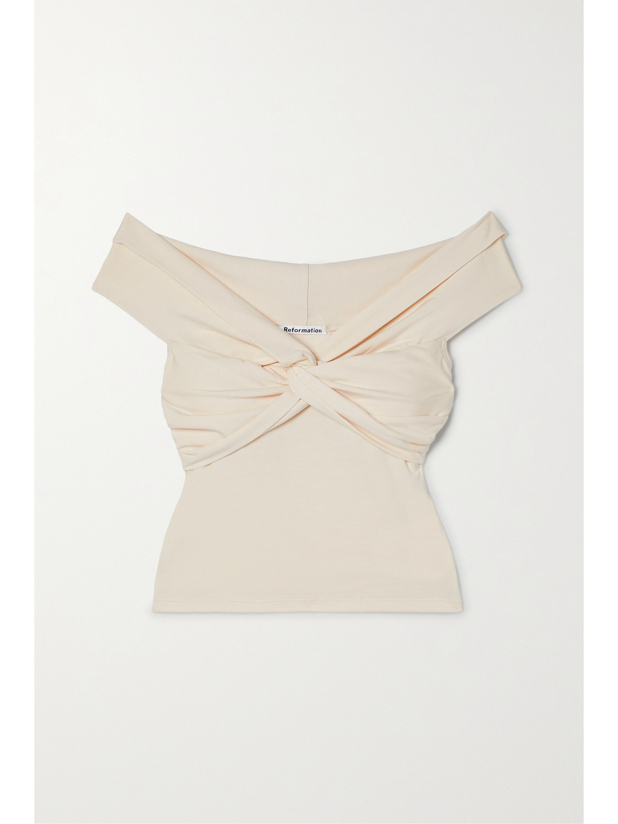 Reformation Ezlynn Off-the-shoulder Twist-front Stretch-tencel Lyocell Top In Cream
