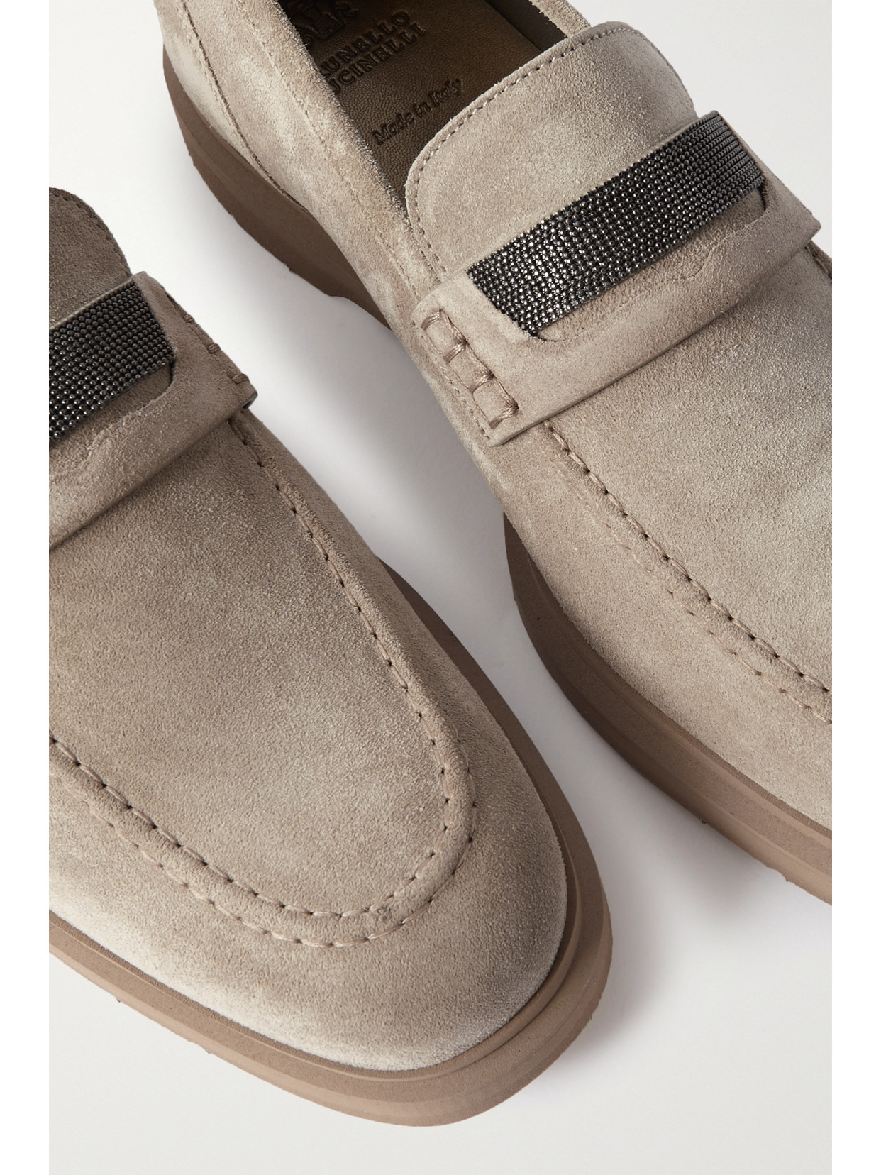 Brunello Cucinelli Crystal-embellished Suede Loafers In Gray