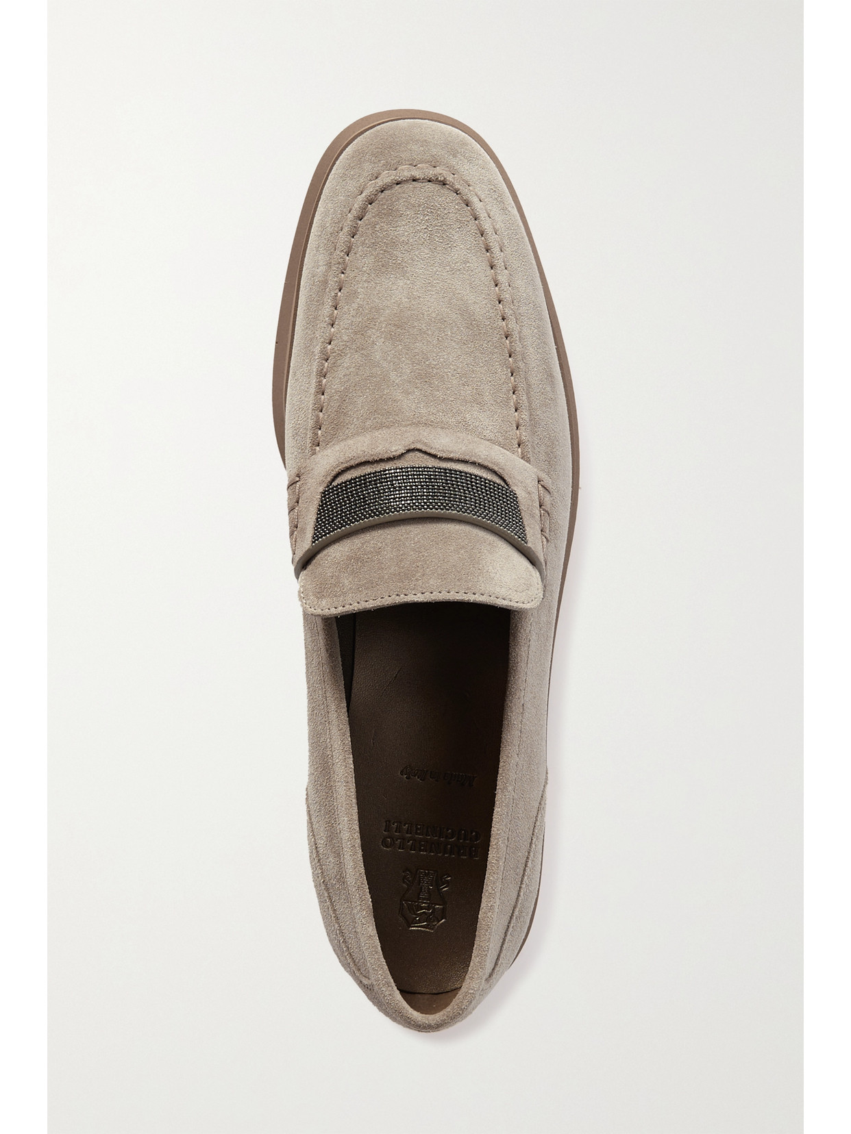 Brunello Cucinelli Crystal-embellished Suede Loafers In Gray