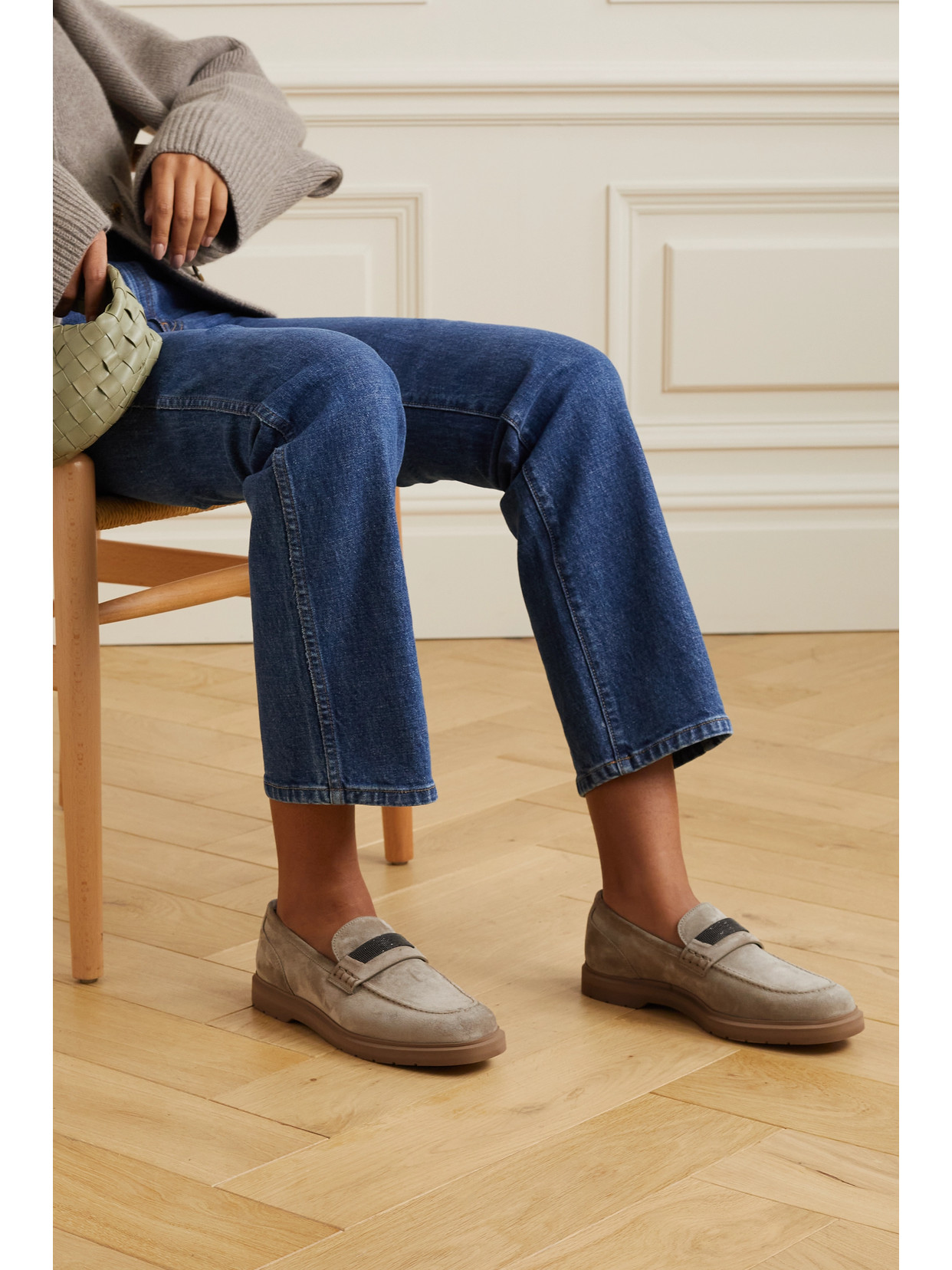 Brunello Cucinelli Crystal-embellished Suede Loafers In Gray