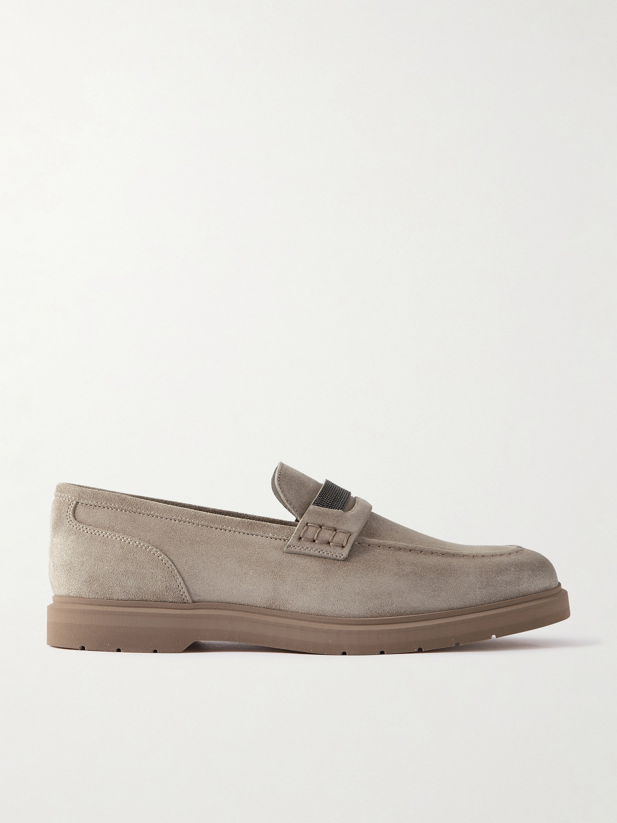 Brunello Cucinelli Crystal-embellished Suede Loafers In Gray