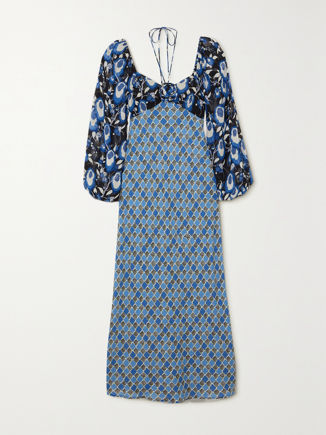 RIXO LONDON JEANIE EMBELLISHED PRINTED WOVEN HALTERNECK MIDI DRESS