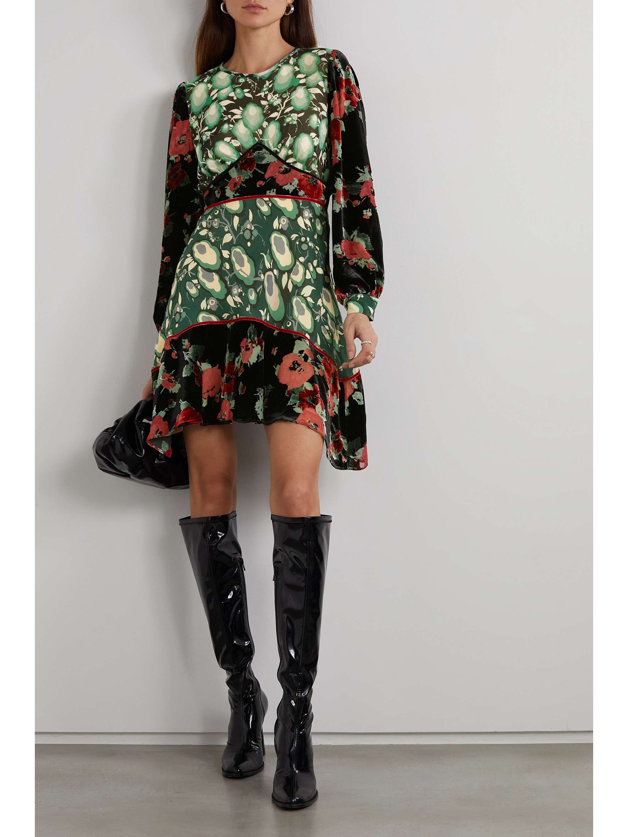 RIXO Edith floral-print silk crepe de chine and devoré-velvet mini dress