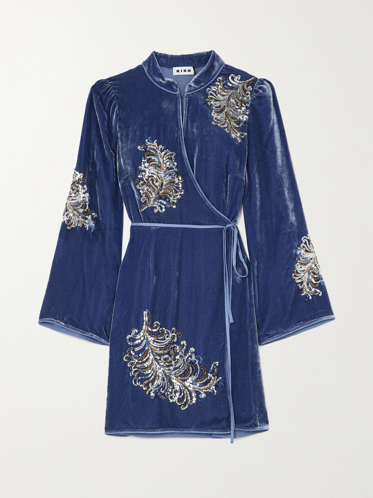 RIXO - Gena Embellished Velvet Mini Wrap Dress - Blue