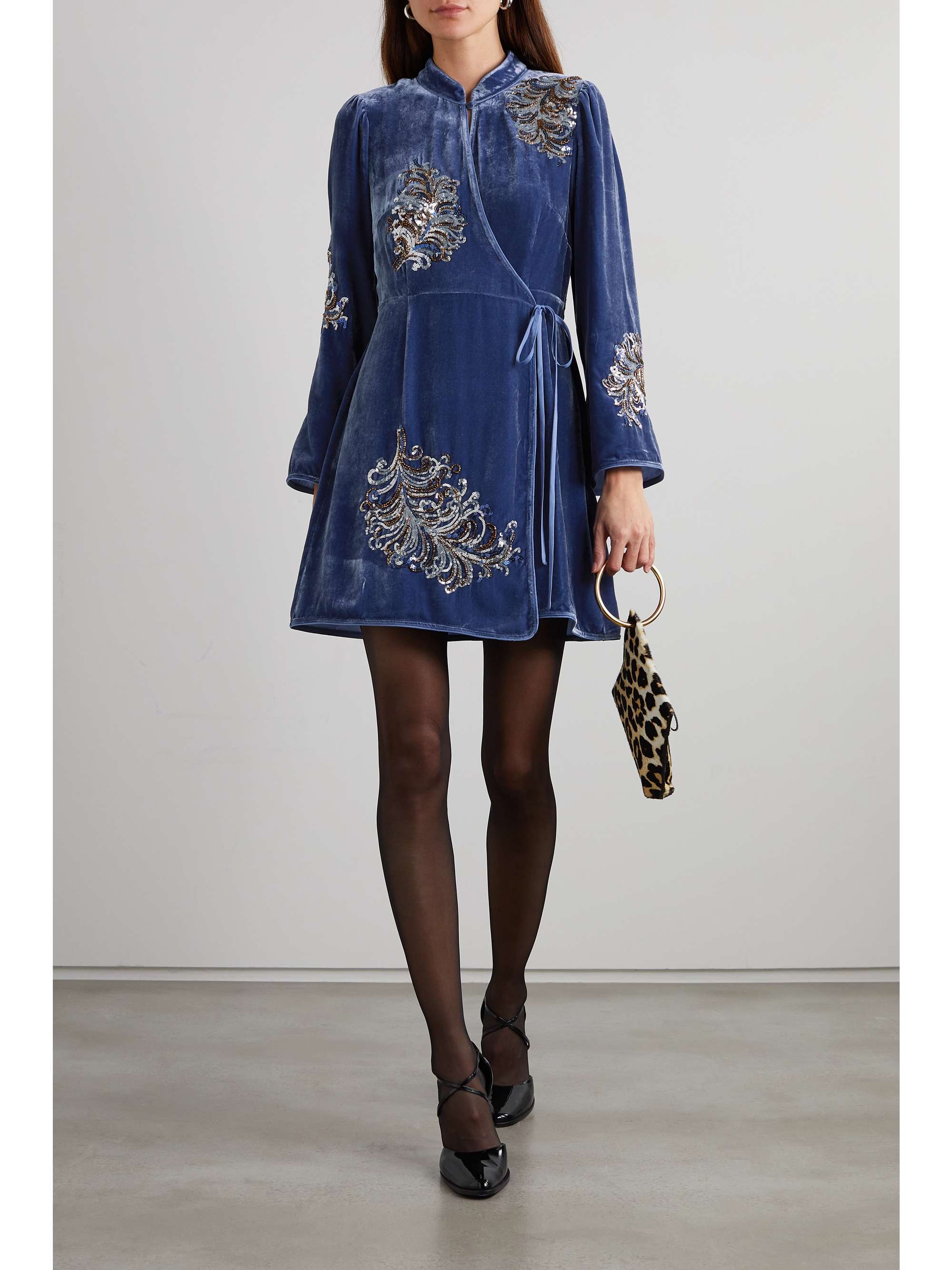 RIXO Gena embellished velvet mini wrap dress