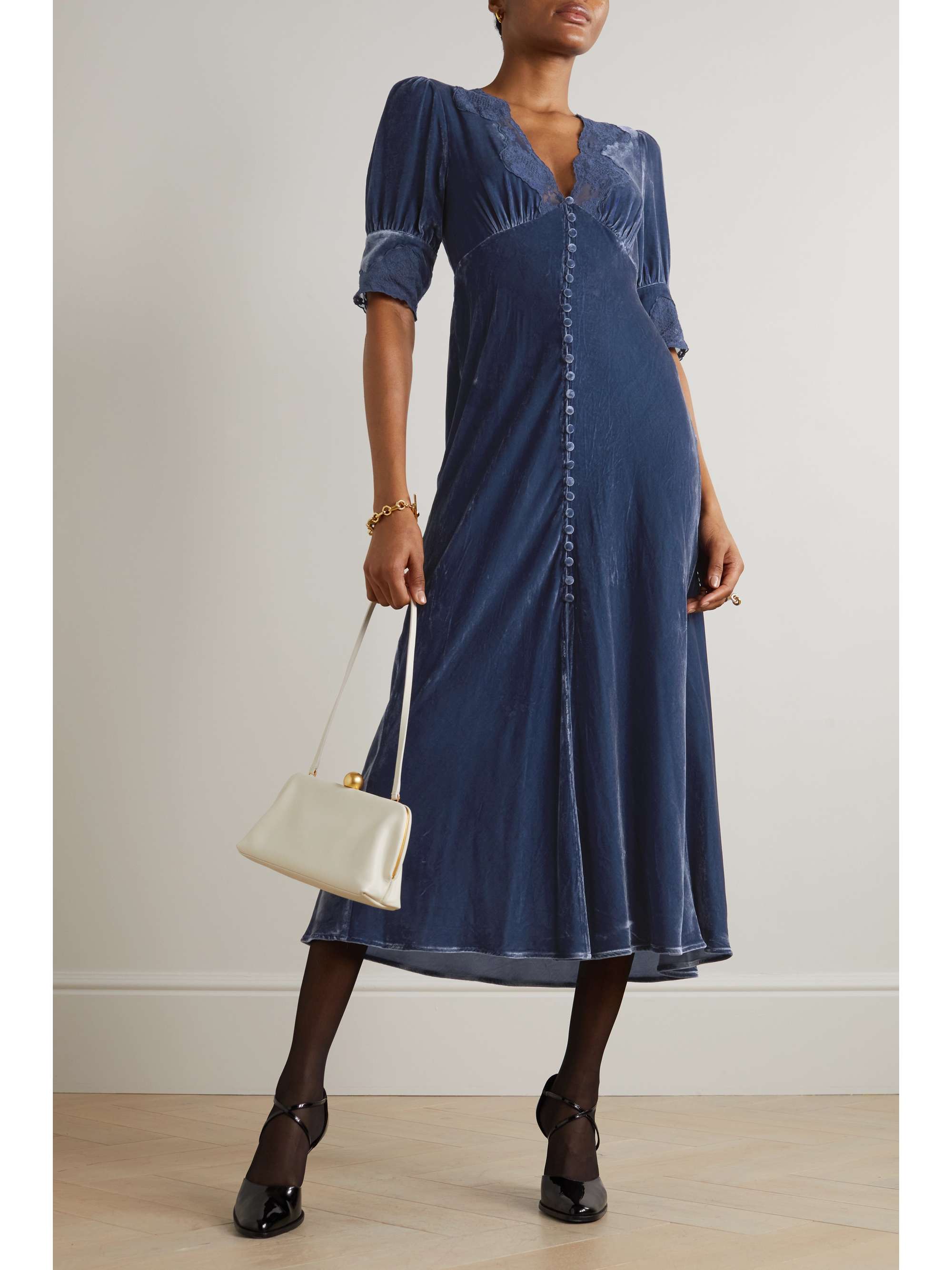 RIXO Simone lace-trimmed velvet midi dress
