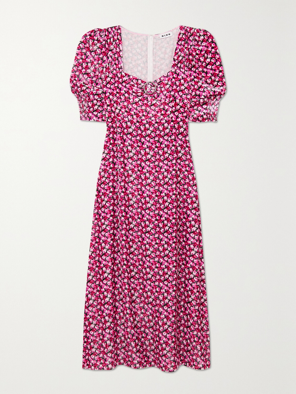 Rixo London Karen Embellished Floral-print Velvet Midi Dress In Pink