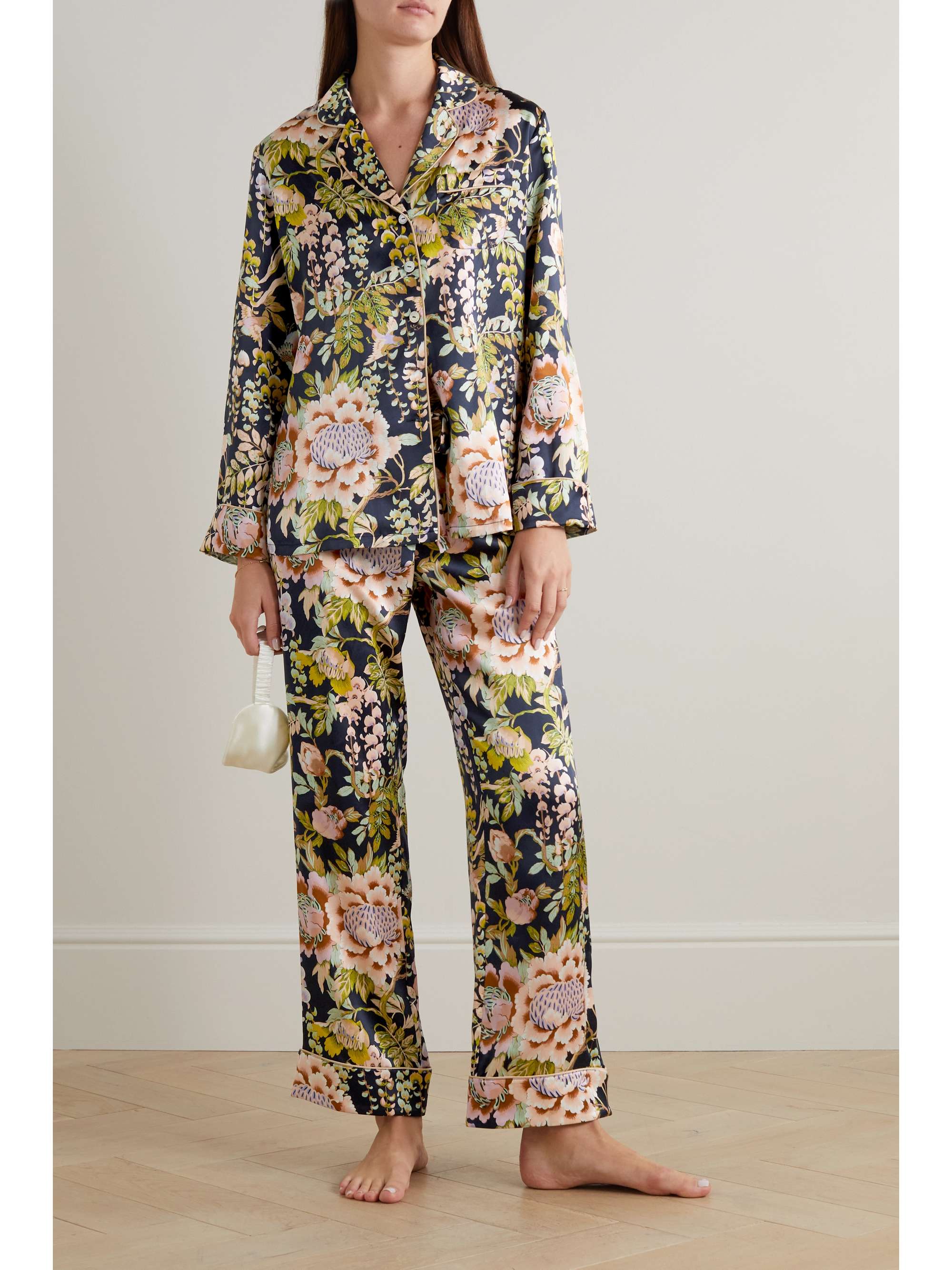 Navy Lila piped floralprint silksatin pajama set OLIVIA VON HALLE