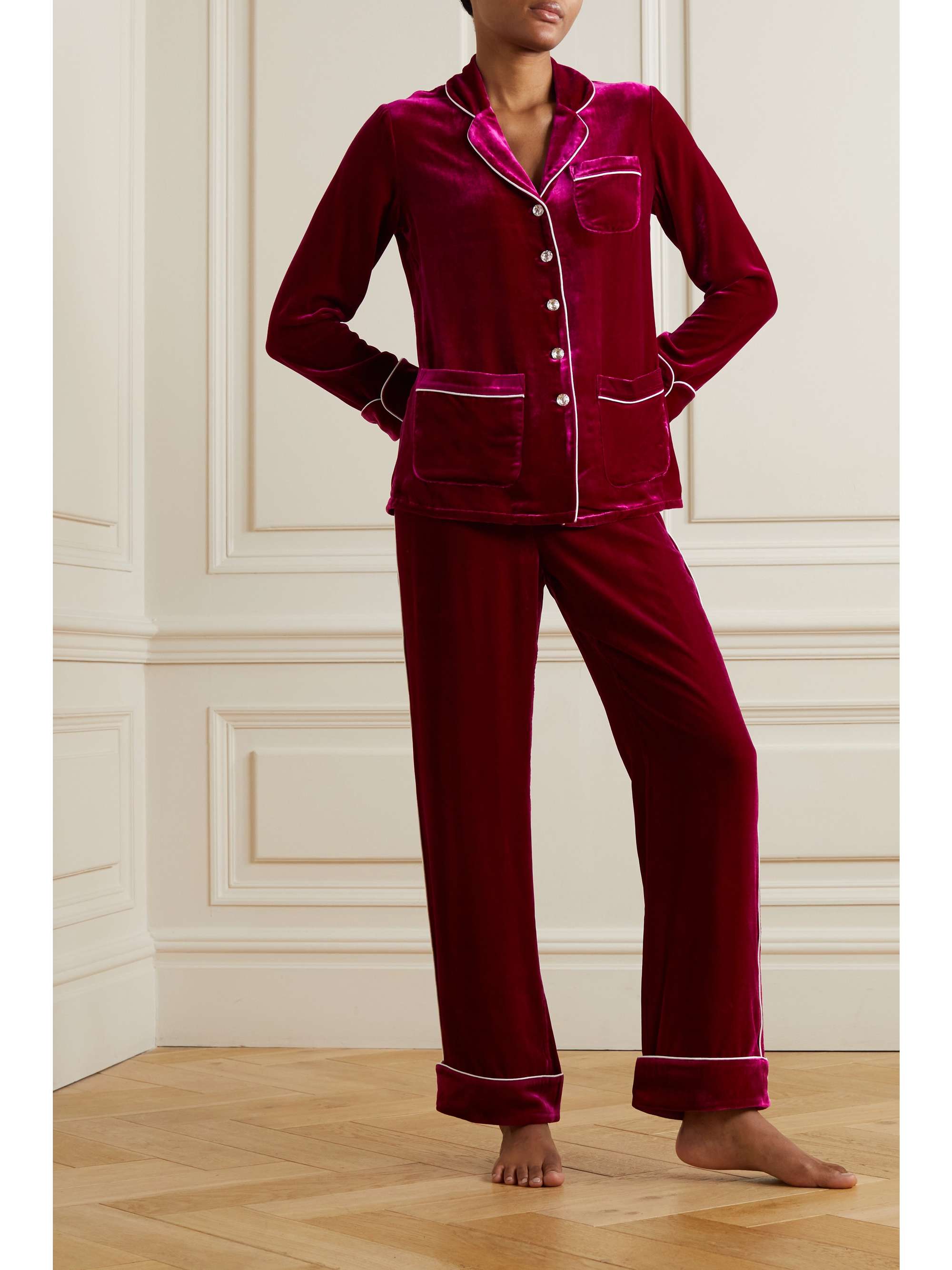 OLIVIA VON HALLE Coco piped velvet pajama set