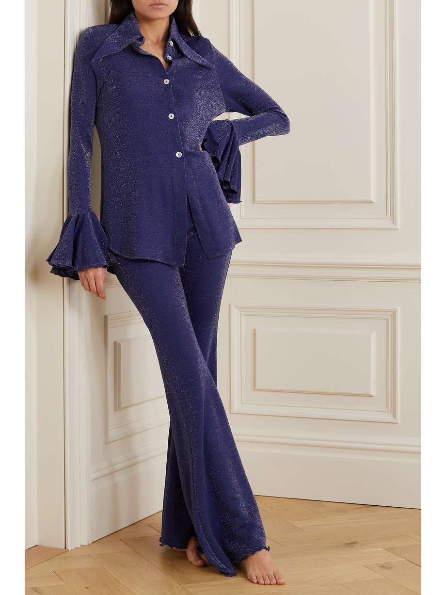 EXCLUSIVE AT NET-APORTER. Sleeper's 'Cosmos' set is named for its glittering metallic finish. Made from slinky jersey, it comes with a button-down shirt featuring an exaggerated pointed collar and flared cuffs, just like the pant hems. Wear yours beyond the house with mules and a colorful tote.