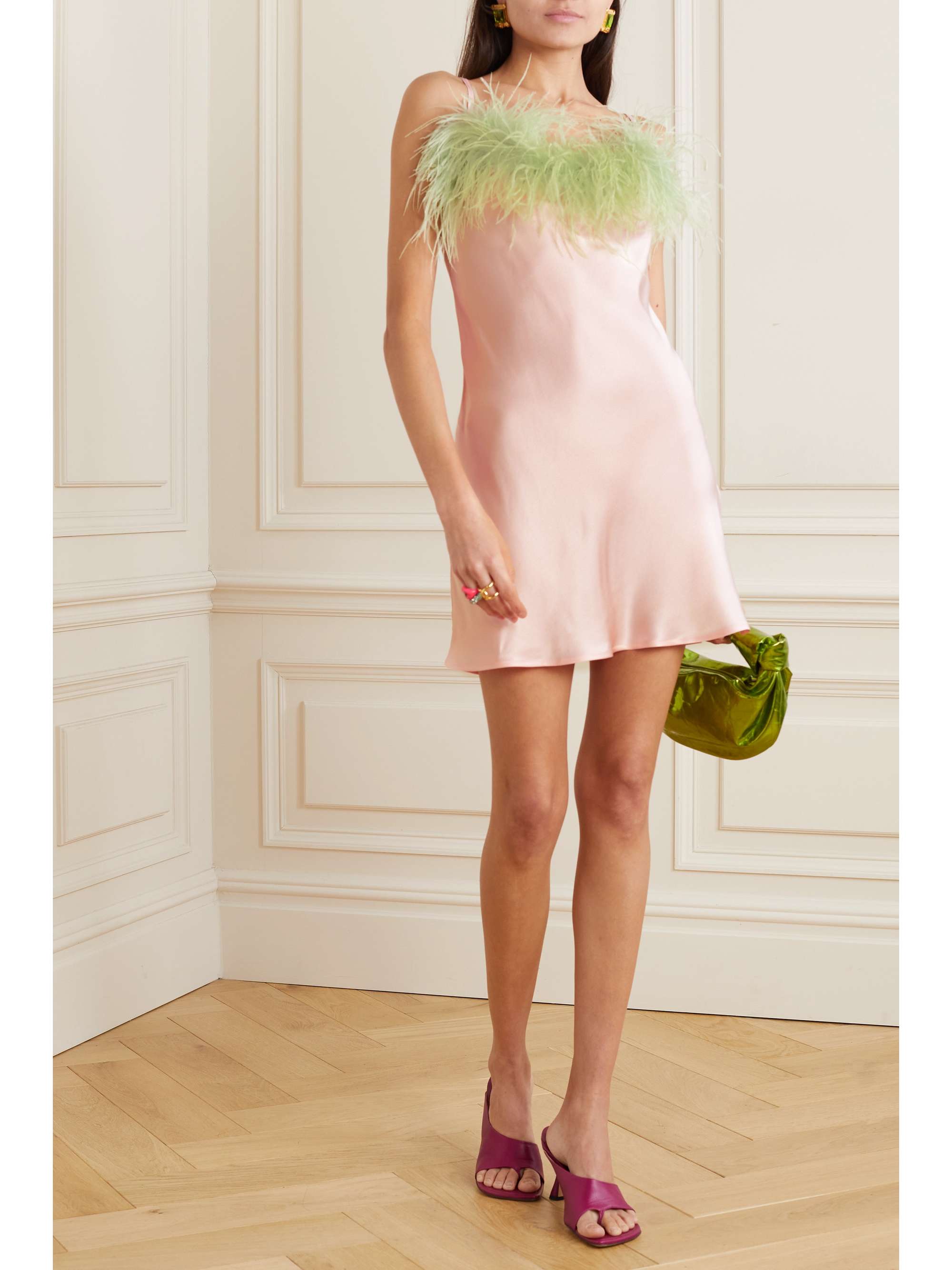 SLEEPER + NET SUSTAIN Boheme feather-trimmed ECOVERO satin chemise