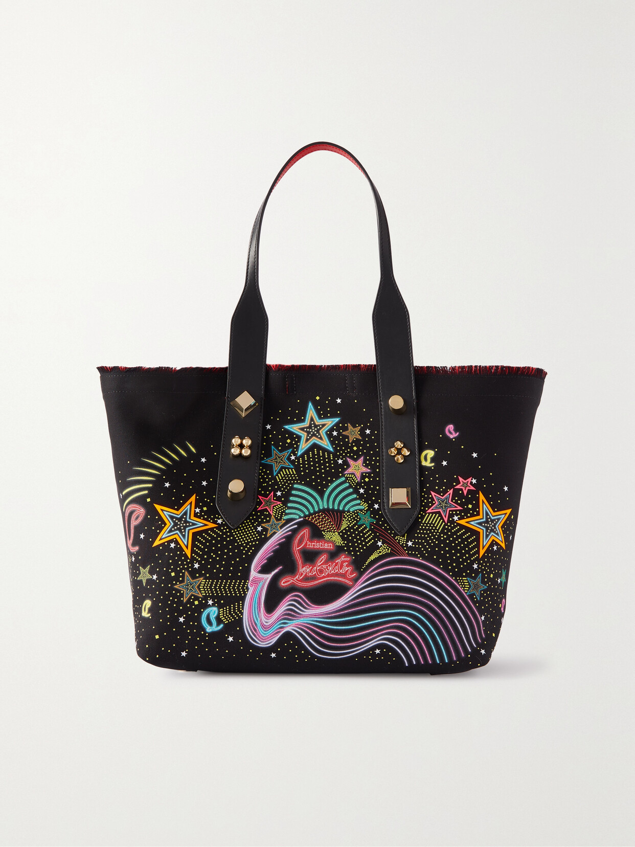 Shop Christian Louboutin Frangibus Medium Embellished Leather-trimmed Printed Canvas Tote In Black