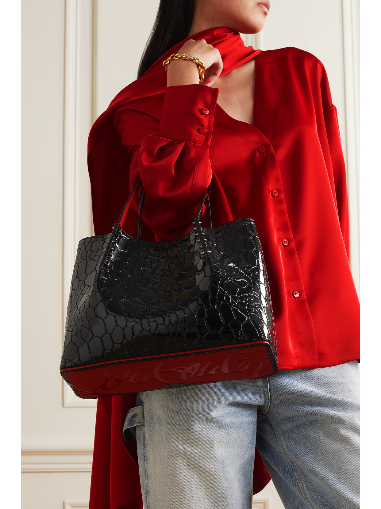 Shop Christian Louboutin Cabarock Small Embellished Croc-effect Patent-leather Tote In Black