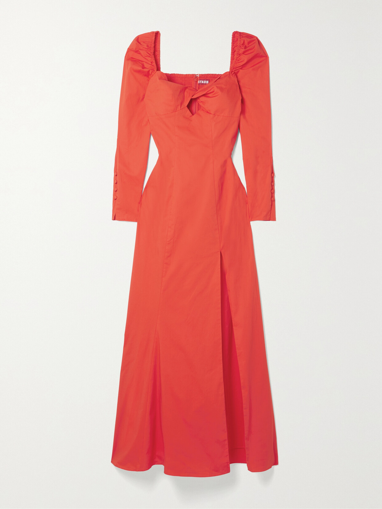 Click to view more detailed imagery on our partner's website Staud Josephine Twist-front Stretch Cotton-blend Poplin Maxi Dress In Orange