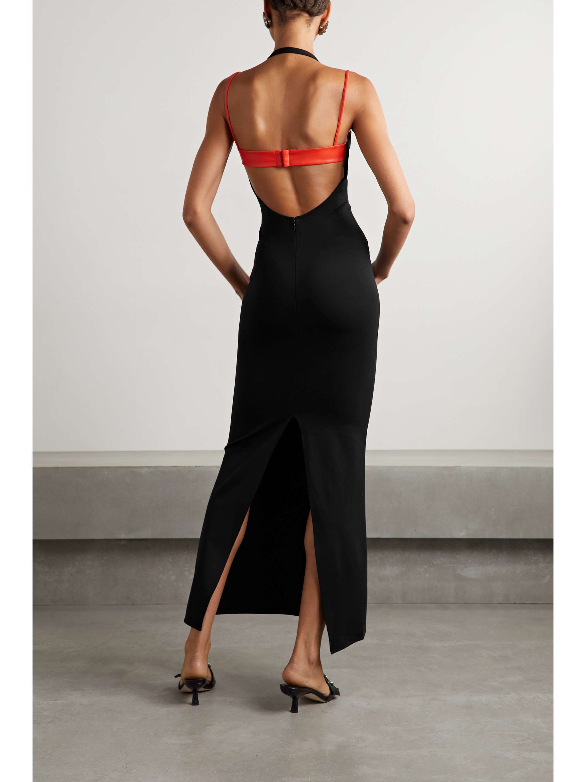 STAUD Masonite open-back faux leather-trimmed crepe midi dress |  NET-A-PORTER