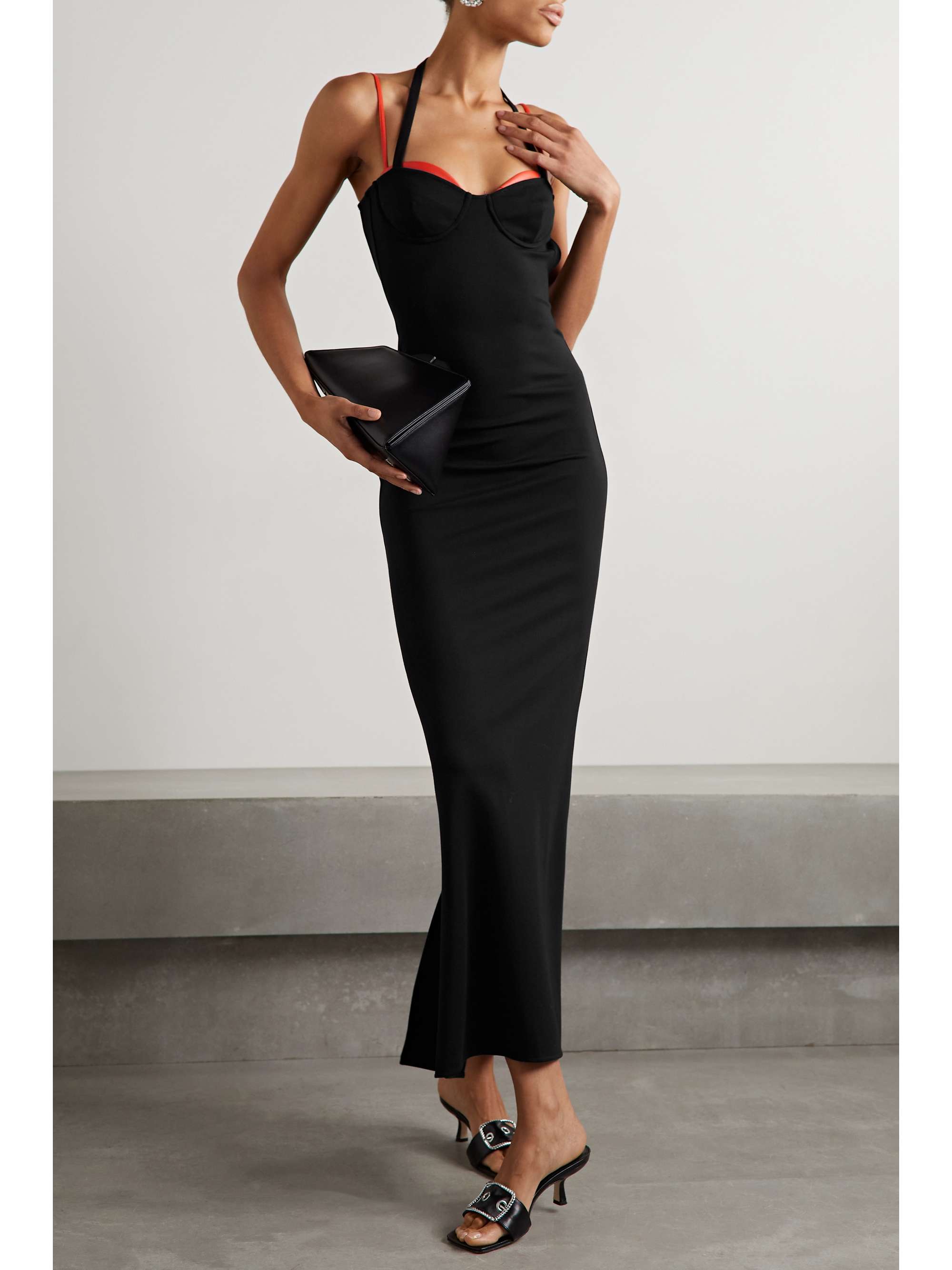 STAUD Masonite open-back faux leather-trimmed crepe midi dress |  NET-A-PORTER