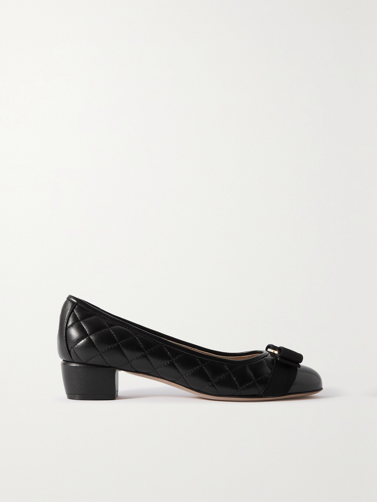 Ferragamo Vara Q Bow-embellished Quilted Patent-leather Pumps In Black