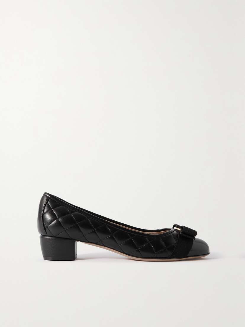Ferragamo Vara Q Bow-embellished Quilted Patent-leather Pumps