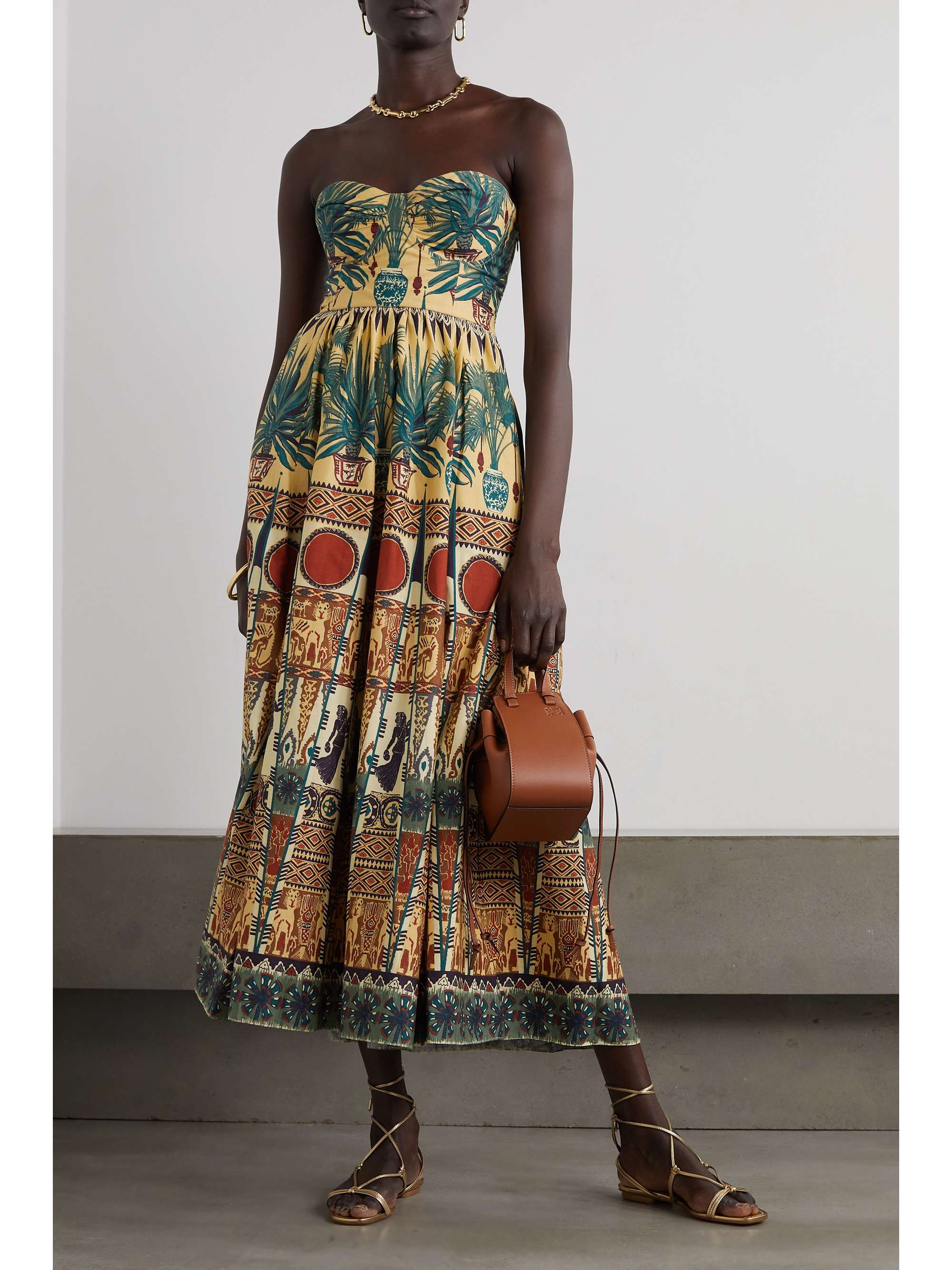 Green + NET SUSTAIN Johanna strapless pleated printed cottontwill midi