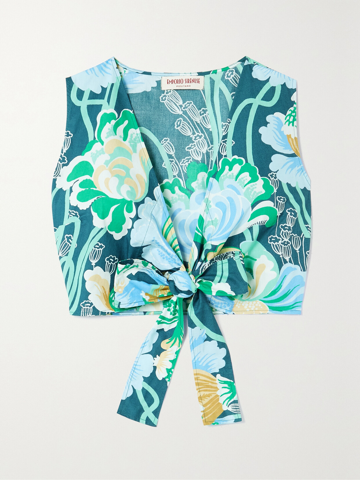 Emporio Sirenuse + Net Sustain Sonia Cropped Floral-print Cotton-poplin Top - Blue