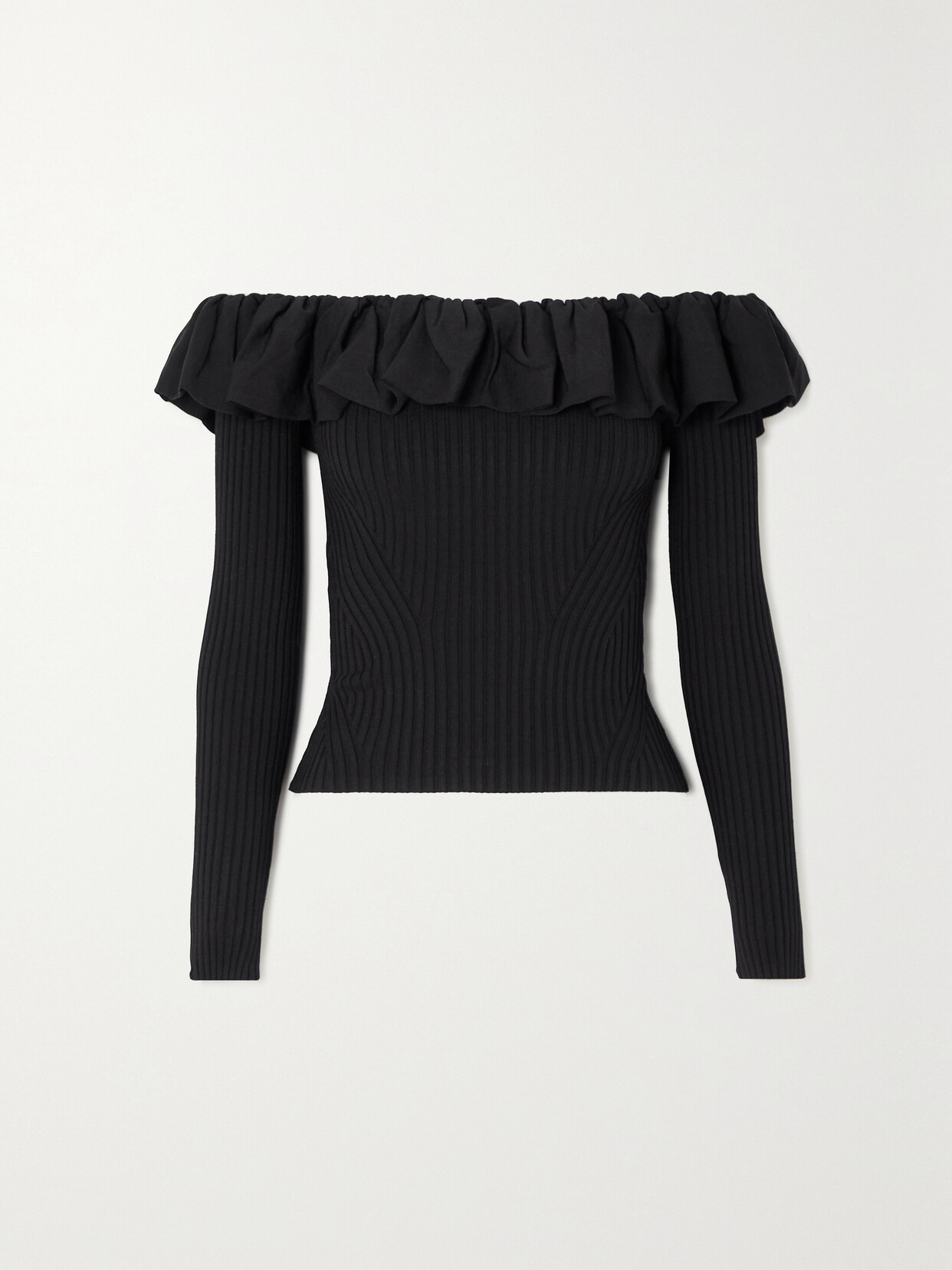 JONATHAN SIMKHAI ISABELLE OFF-THE-SHOULDER RUFFLED RIBBED-KNIT TOP