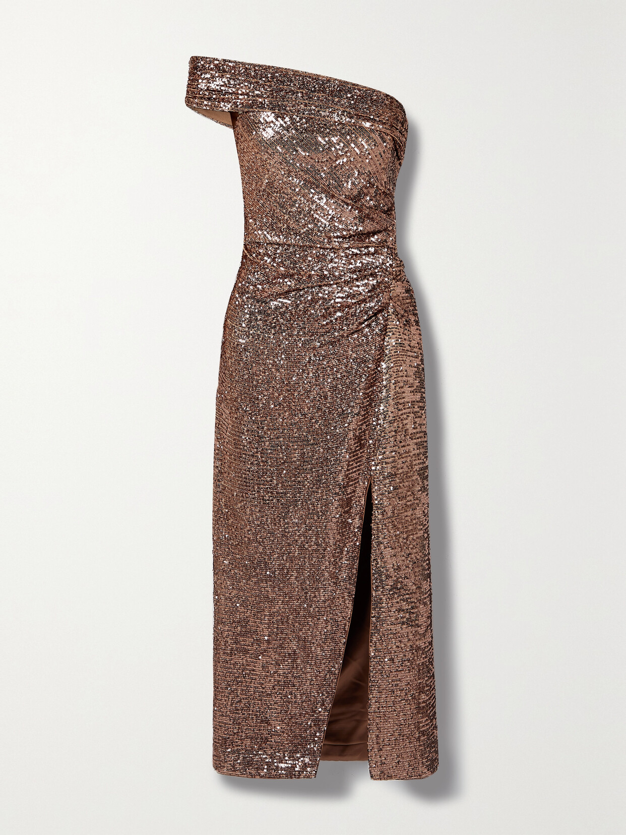SIMKHAI - Zay Strapless Asymmetric Sequined Satin Midi Dress - Brown