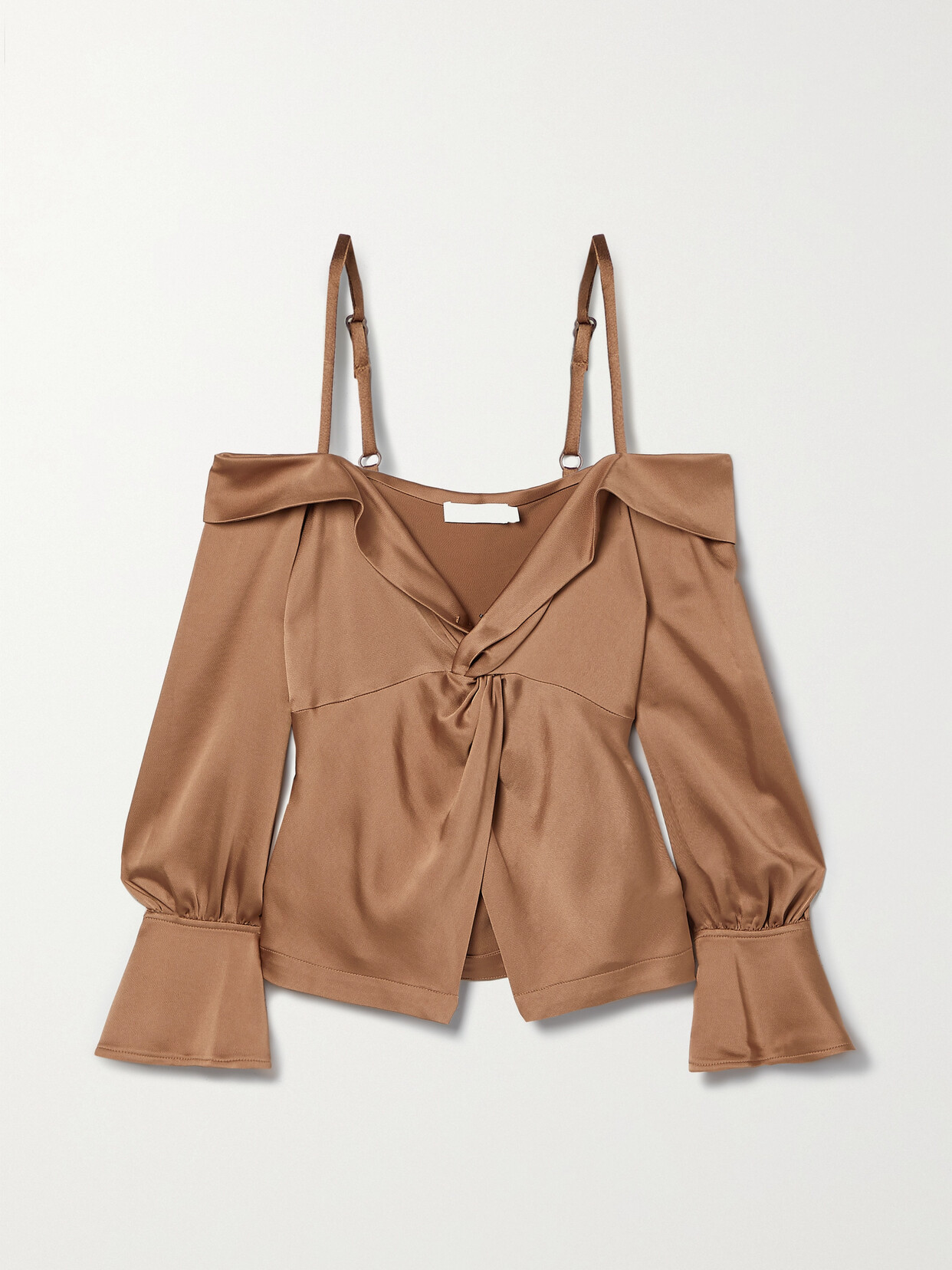 SIMKHAI Viktoria Cold-shoulder Twist-front Satin Blouse - Brown