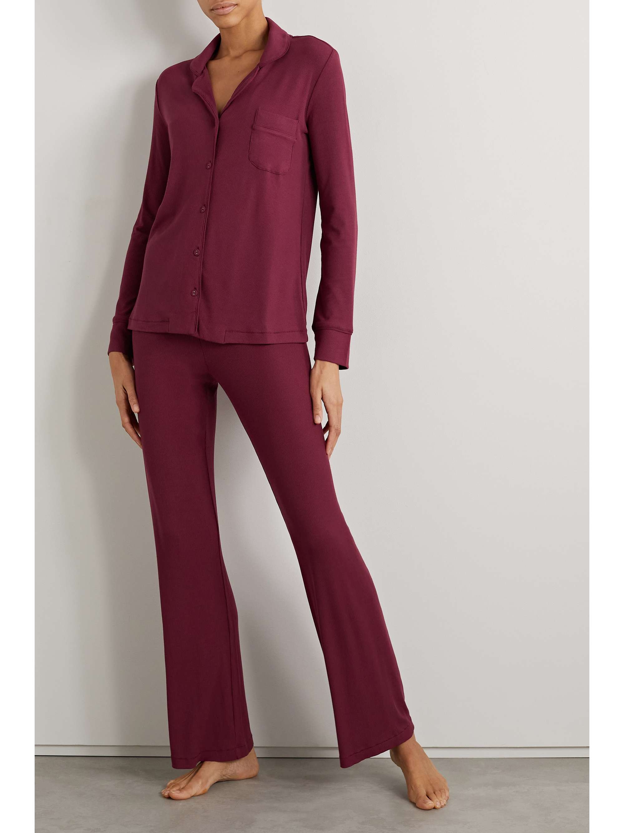 SKIMS Ribbed stretch-modal jersey lounge set - Wine | NET-A-PORTER