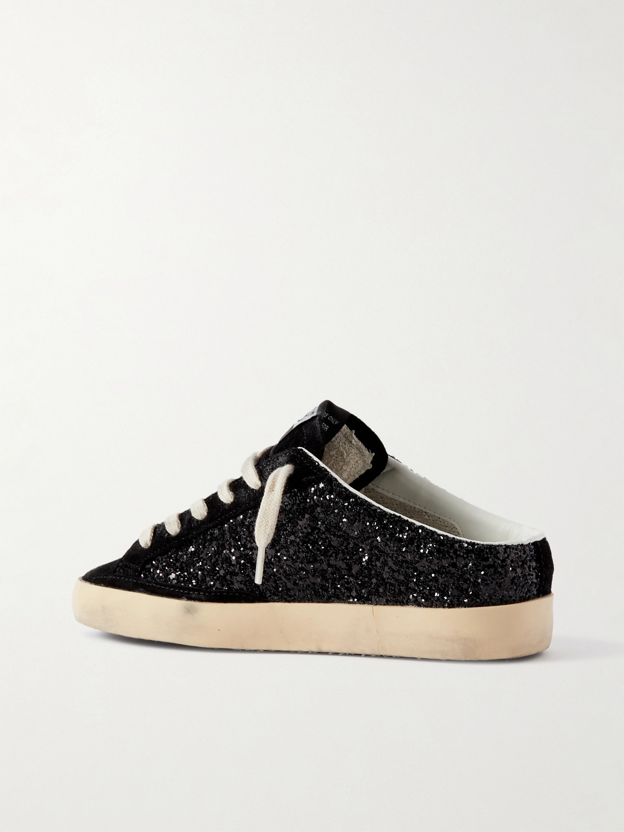 GOLDEN GOOSE SUPER-STAR SABOT DISTRESSED GLITTERED LEATHER AND SUEDE SLIP-ON SNEAKERS