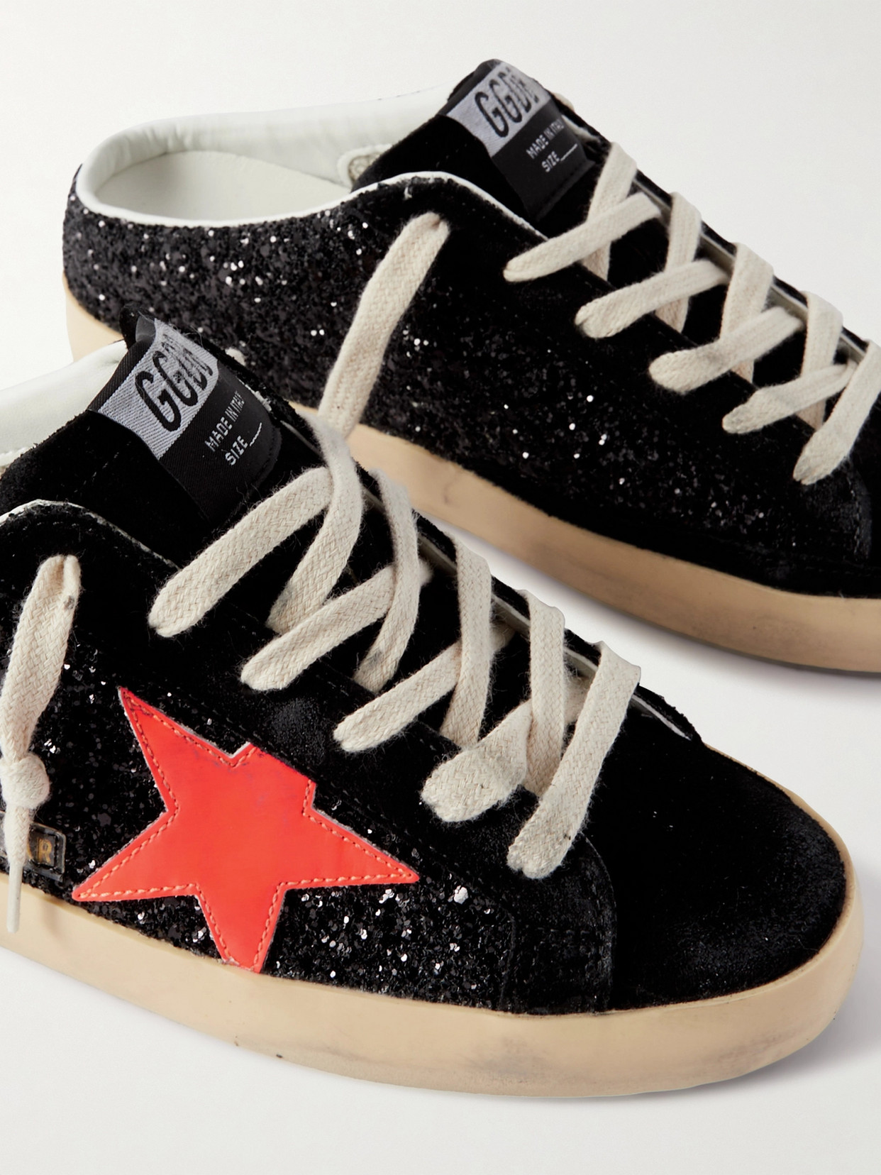 GOLDEN GOOSE SUPER-STAR SABOT DISTRESSED GLITTERED LEATHER AND SUEDE SLIP-ON SNEAKERS