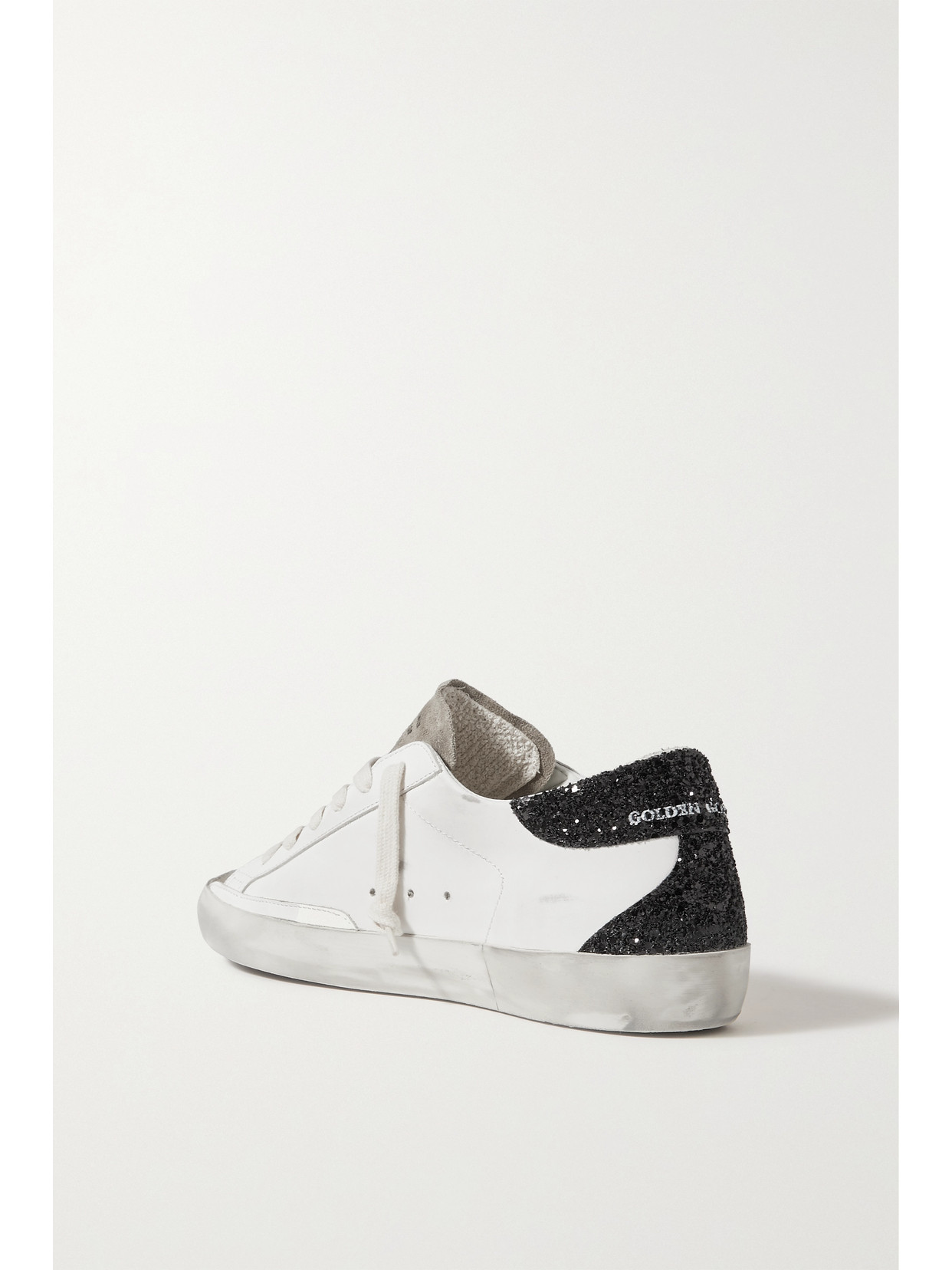 Shop Golden Goose Superstar Distressed Glittered Leather Sneakers In White