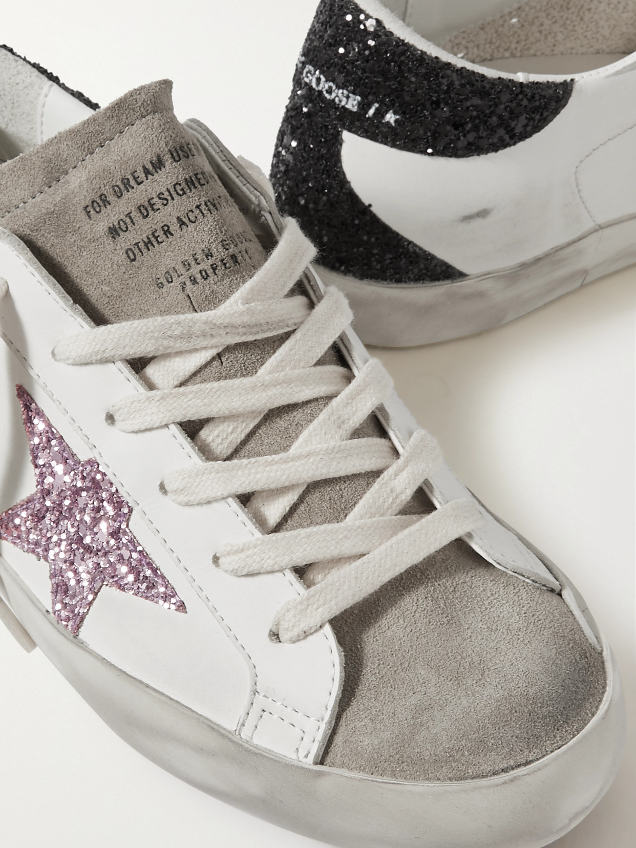 Shop Golden Goose Superstar Distressed Glittered Leather Sneakers In White